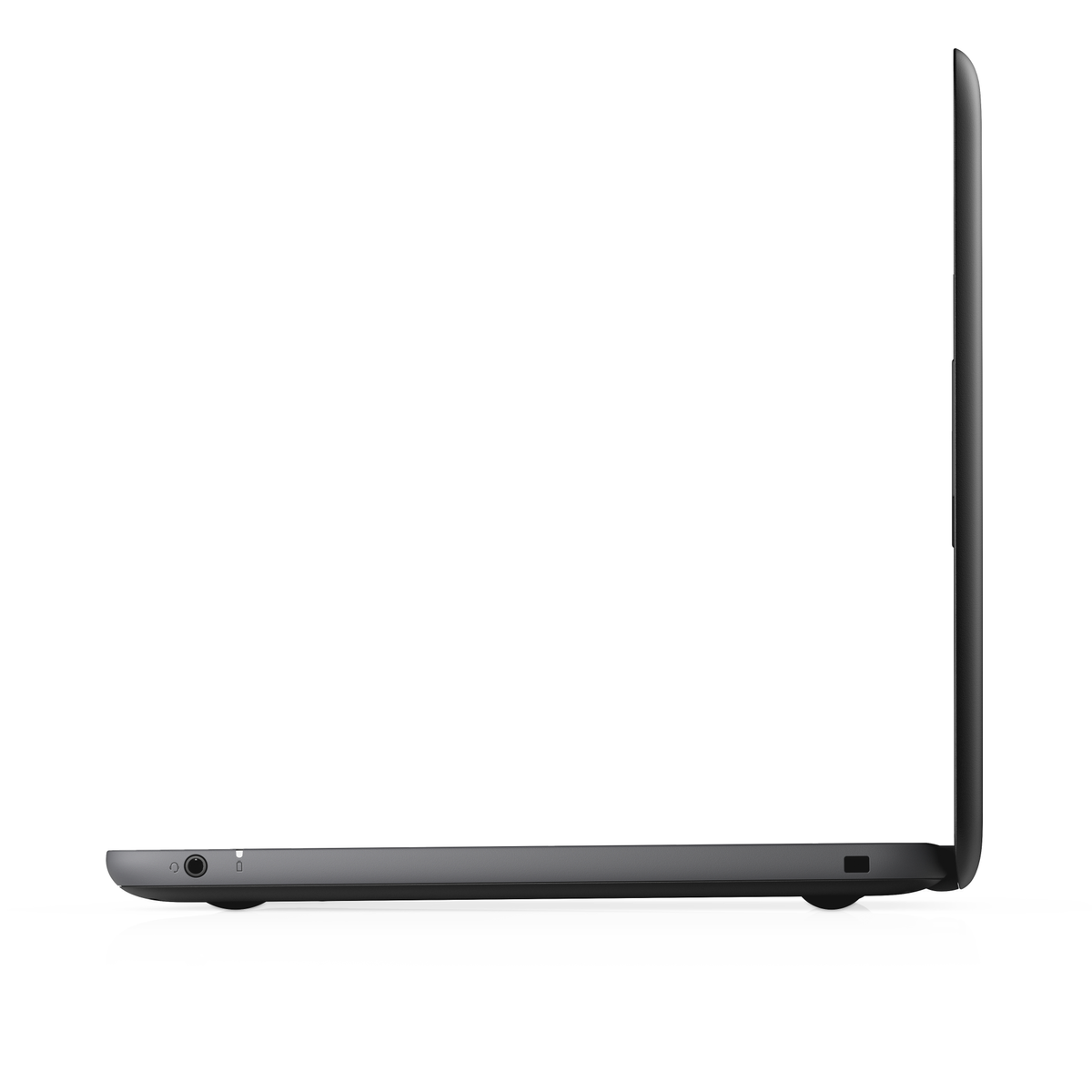 Zijaanzicht van een zwarte laptop, met de poorten. Witte achtergrond.