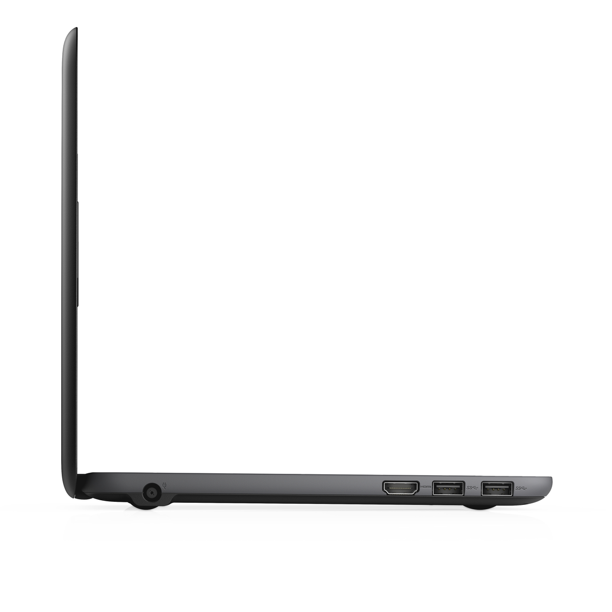 Zwarte laptop zijaanzicht, poorten zichtbaar. Effen witte achtergrond.