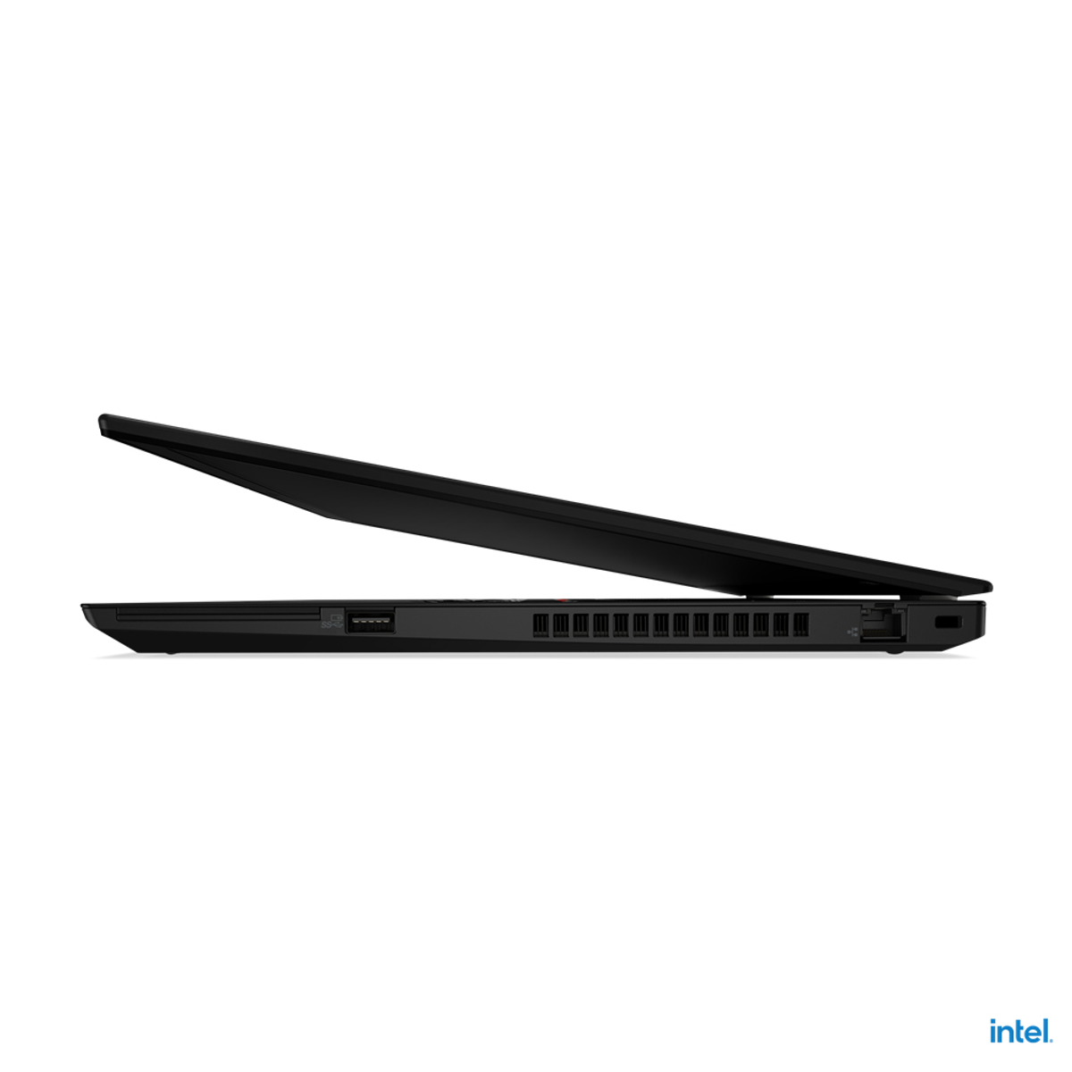 Schwarzes ThinkPad-Laptop von der Seite. Der Deckel ist leicht geöffnet und zeigt Anschlüsse und Belüftung.