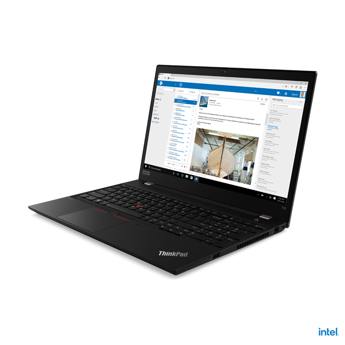 Schwarzes ThinkPad-Laptop. Geöffnet, zeigt Bildschirm mit Dokumenten. Intel-Logo.