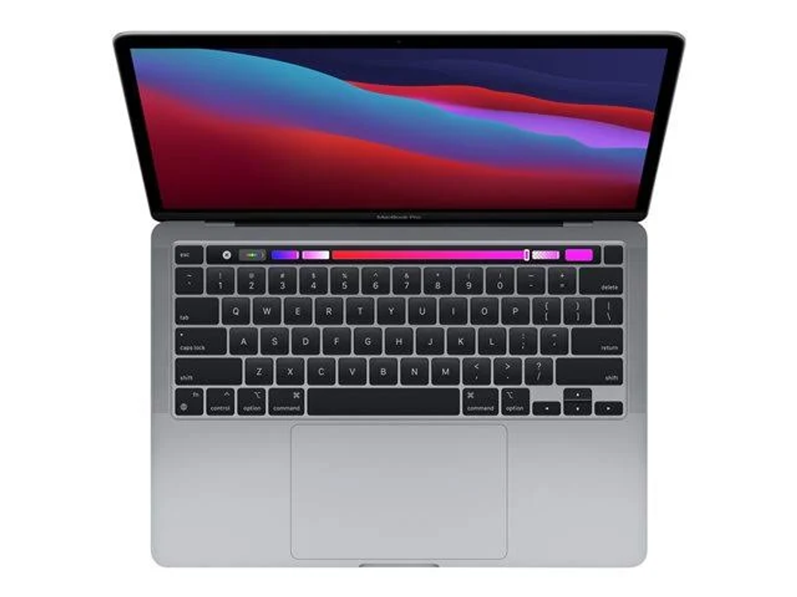 Silberner Laptop, Draufsicht. Offener Bildschirm mit farbenfrohem Hintergrund. Schwarze Tastatur und Touchpad.