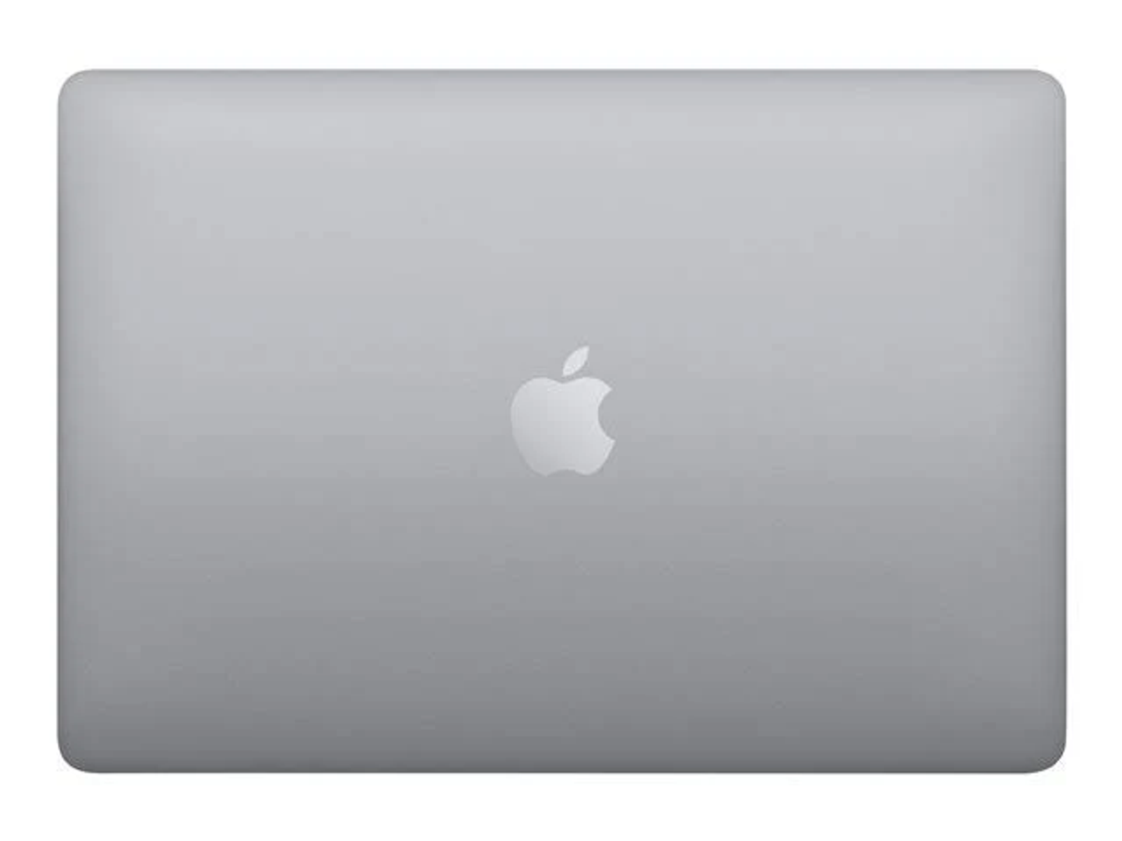 Silbernes Macbook, Draufsicht, geschlossen, mit Apple-Logo mittig, auf weißem Hintergrund.