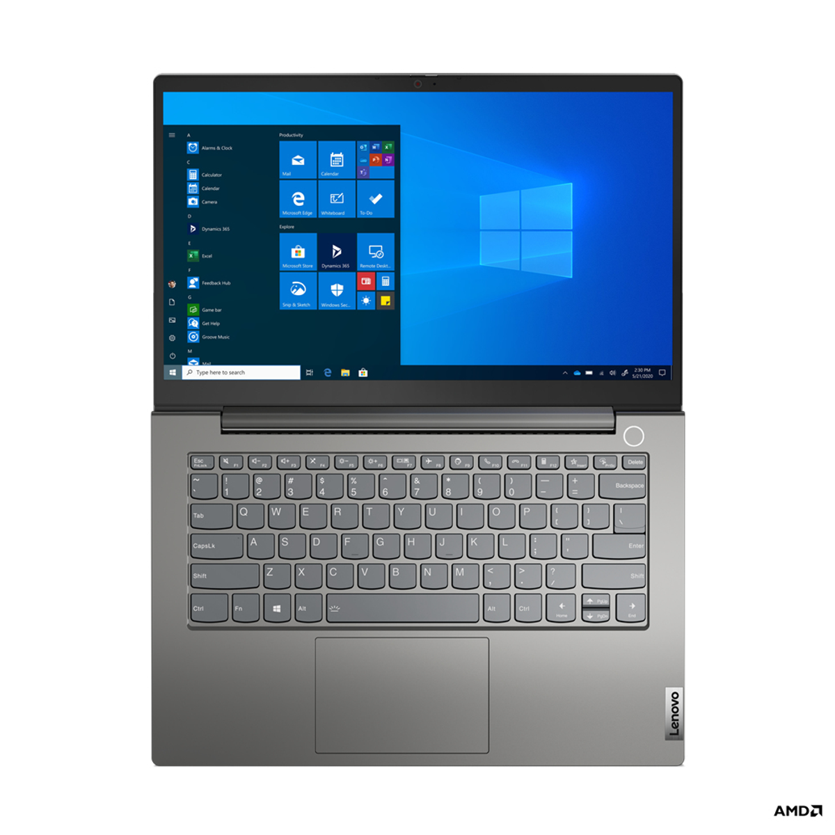 Lenovo-Laptop, Draufsicht, offen. Bildschirm zeigt Windows 10 Oberfläche. Grauer Körper, schwarze Tastatur.