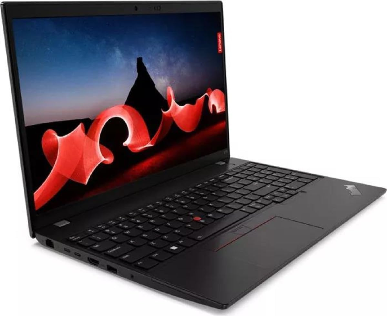 Schwarzer Laptop, geöffnet, mit rotem abstraktem Bild auf dem Bildschirm. Schwarze Tastatur.