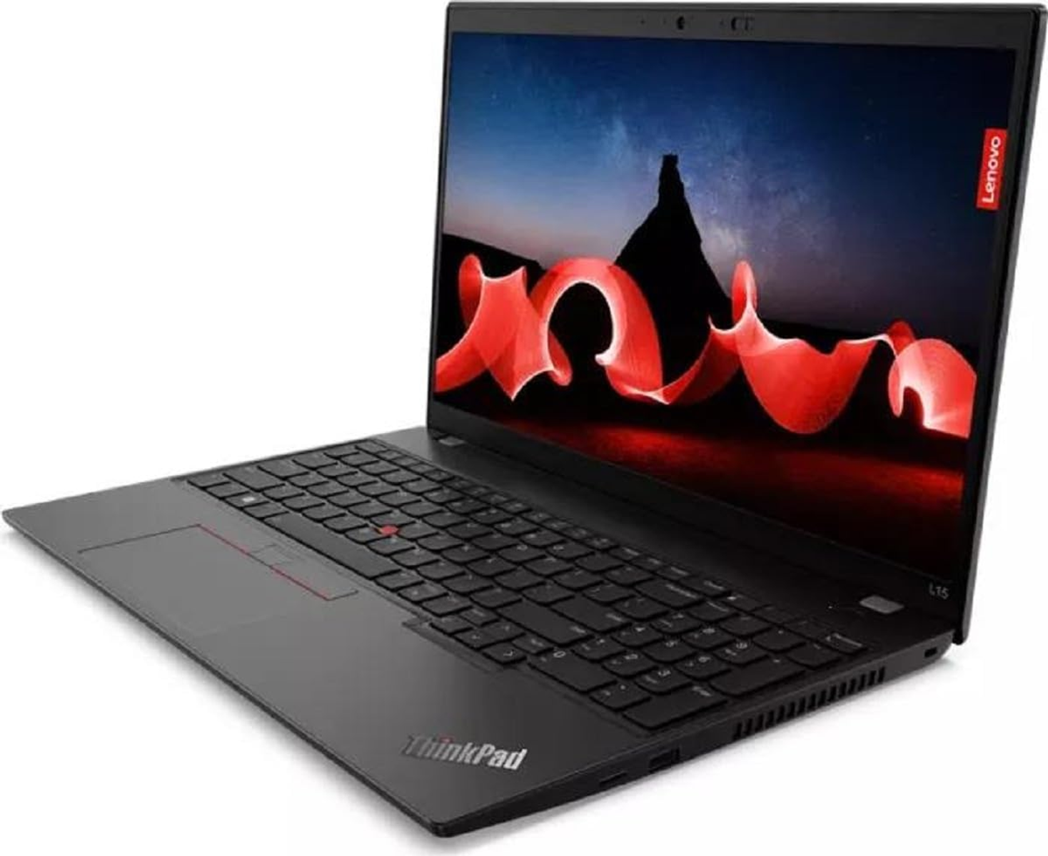 Schwarzes ThinkPad-Laptop geöffnet, mit rotem, abstraktem Design auf dem Bildschirm. Lenovo-Logo oben rechts.