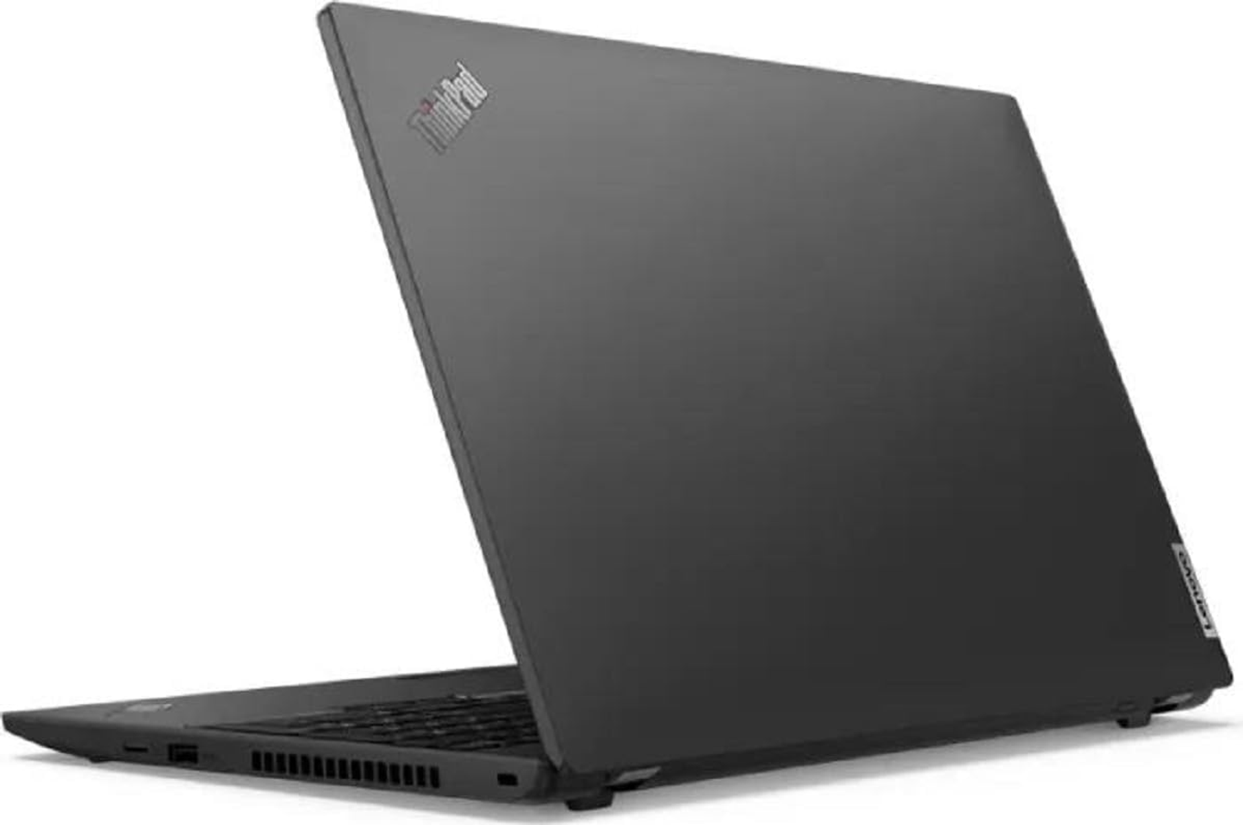 Schwarzer Laptop, ThinkPad-Logo, geöffnet. Zeigt die Rückseite des Bildschirms.