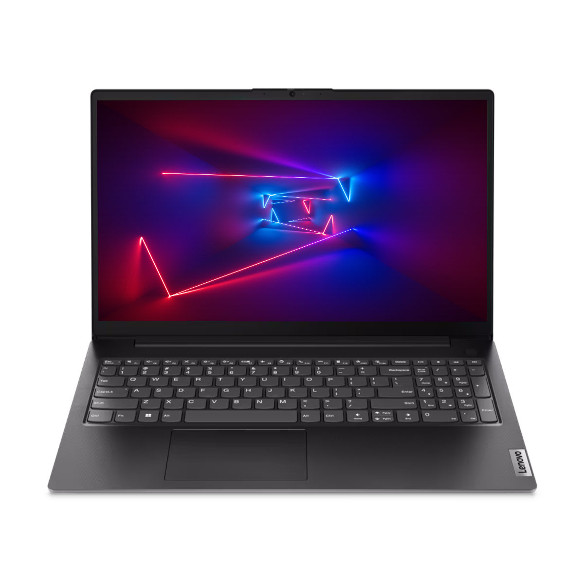 Schwarzer Laptop auf schwarzem Hintergrund. Der Bildschirm zeigt Neonlinien mit Rot und Blau.