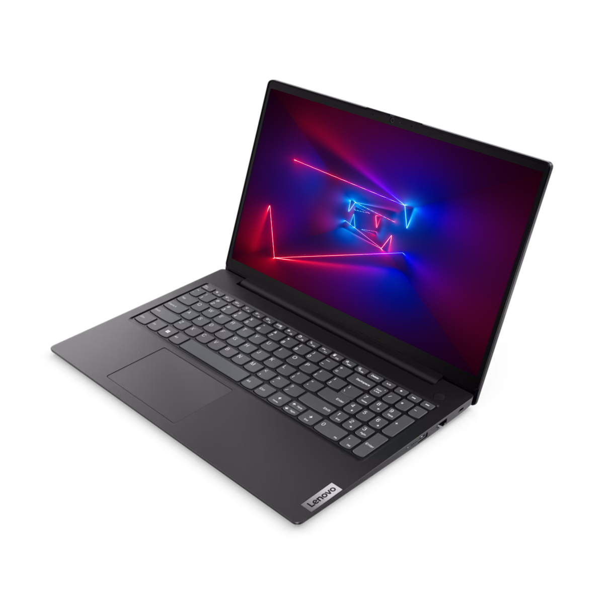 Dunkelgrauer Lenovo Laptop, Bildschirm mit abstrakten Neonformen. Schwarzer Hintergrund.
