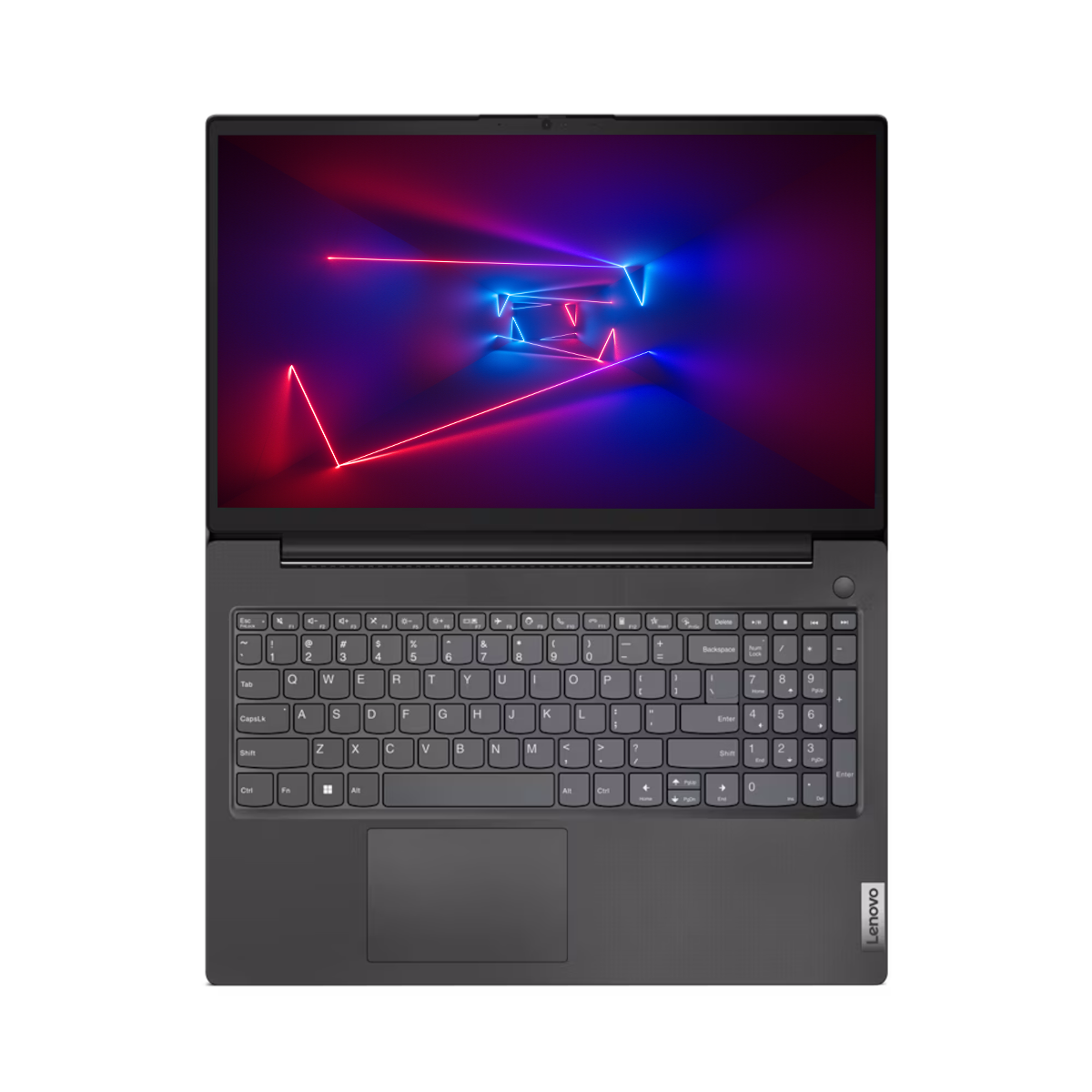 Laptop mit Tastatur und Bildschirm, der ein farbenfrohes, abstraktes Design vor schwarzem Hintergrund zeigt.