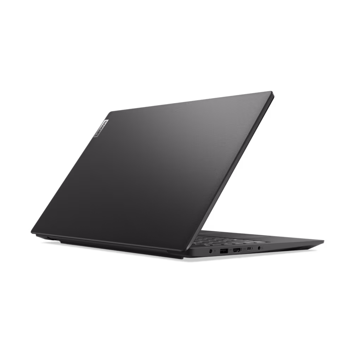 Schwarzer Laptop-Rückansicht, leicht angewinkelt. Schwarzer Hintergrund.