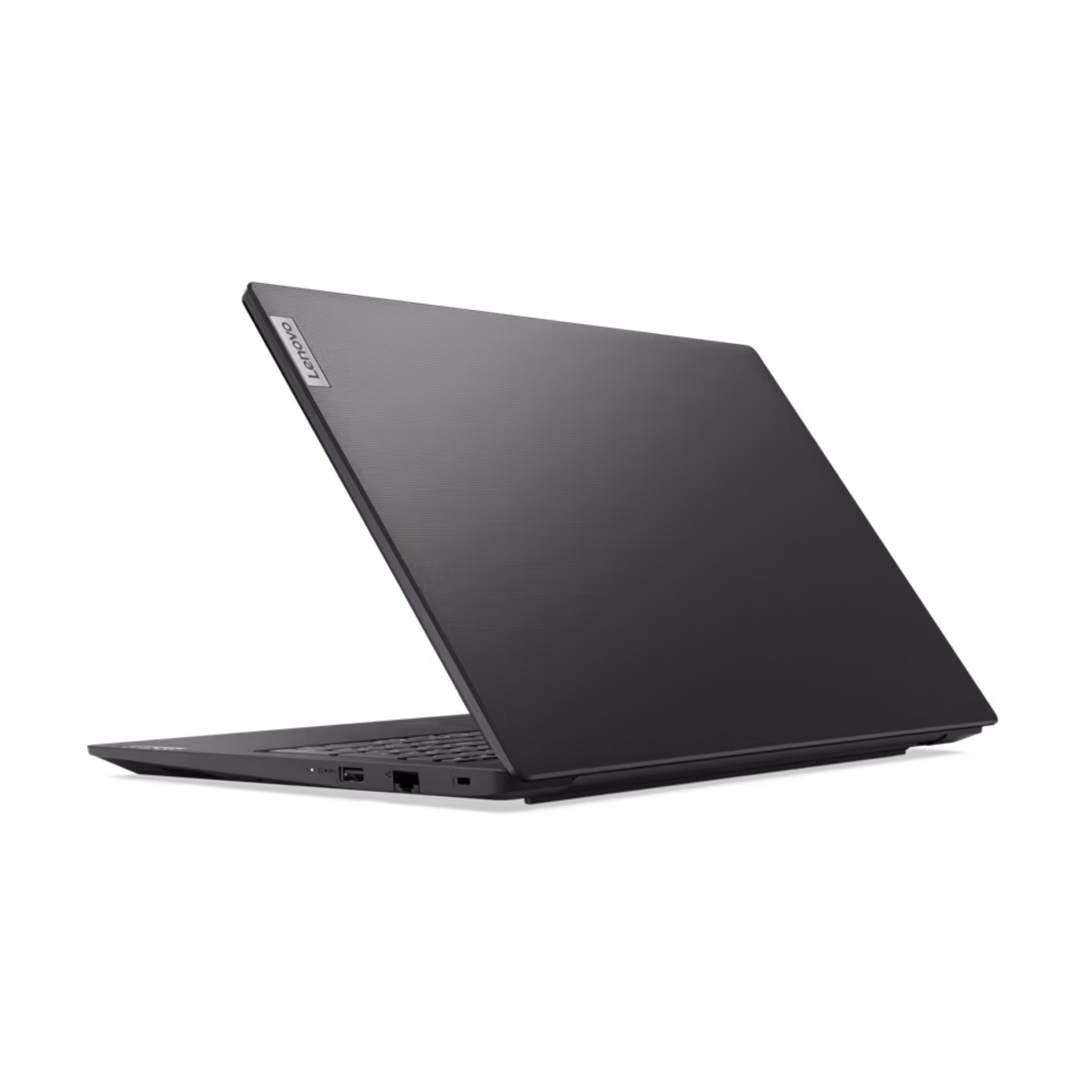 Schwarzer Laptop-Rückansicht, Lenovo-Logo sichtbar. Dunkler Hintergrund.