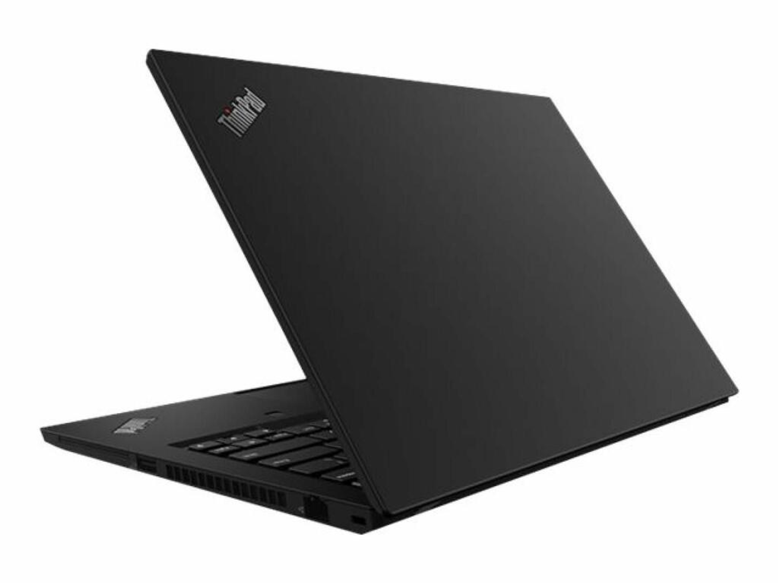 Schwarzes ThinkPad, Rückansicht, leicht geöffnet. Das ThinkPad-Logo ist sichtbar.