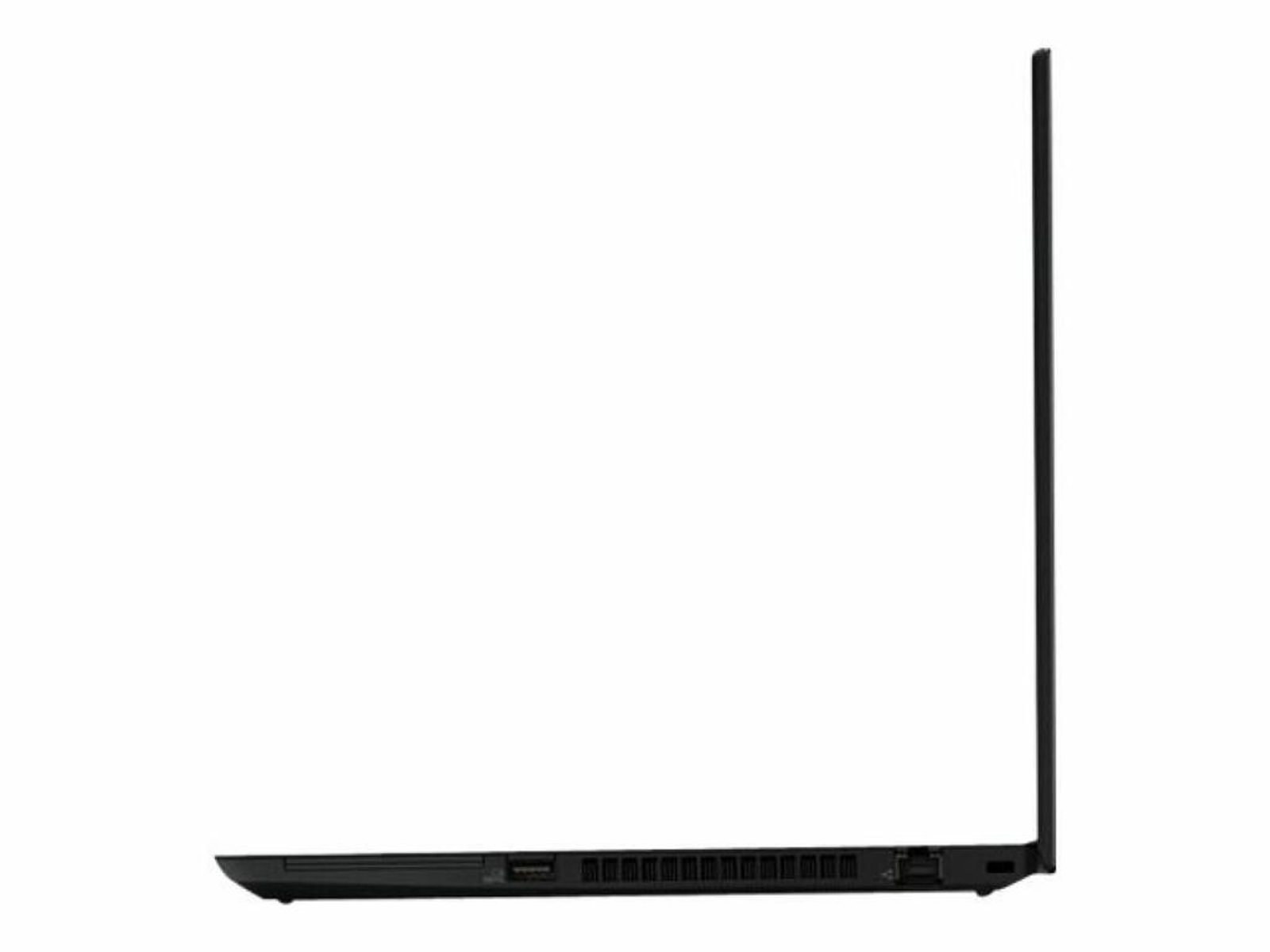Schwarzer Laptop, Seitenansicht, auf weißem Hintergrund. Zeigt Anschlüsse und Seitenprofil.