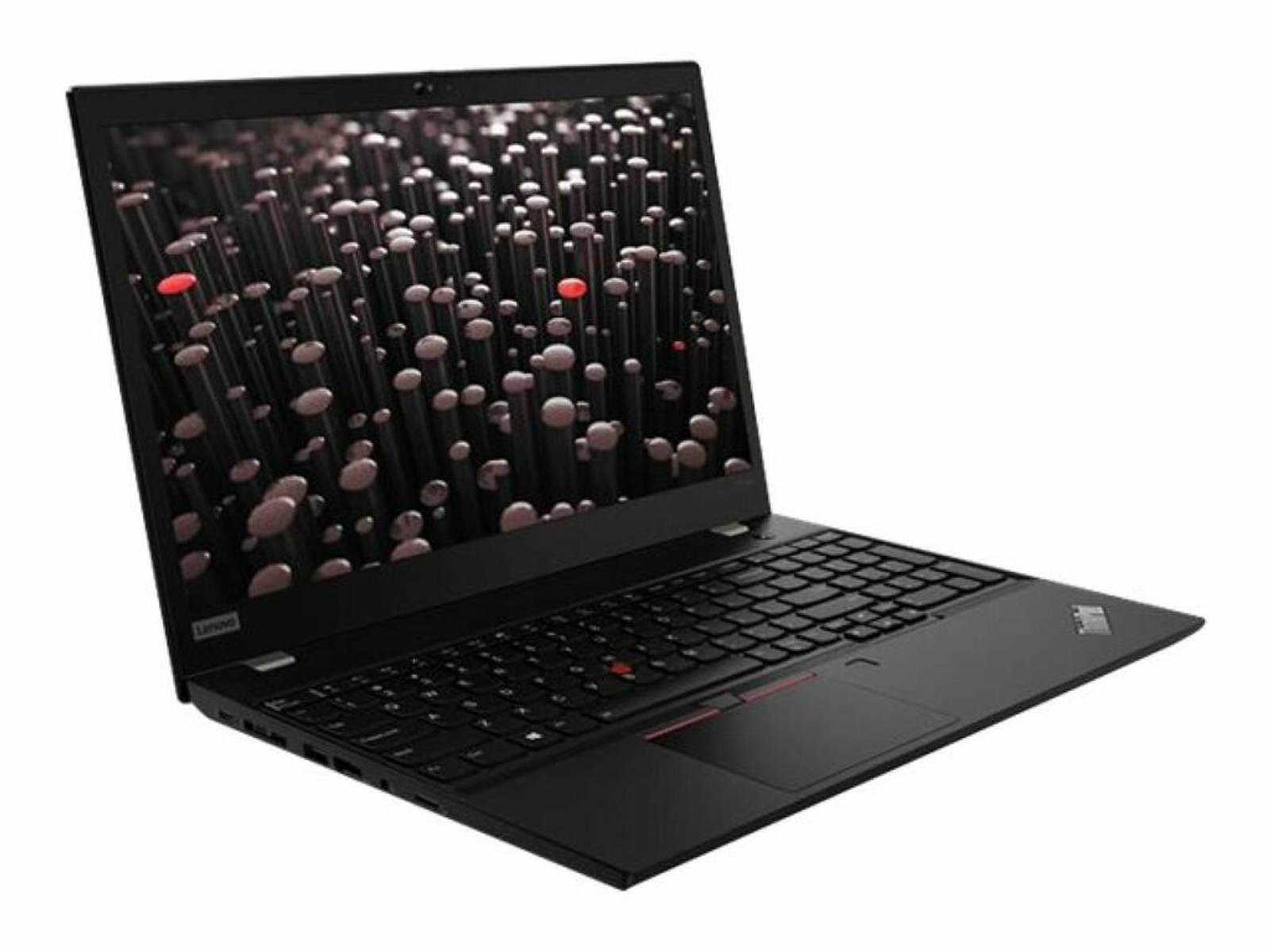 Schwarzer Laptop mit Grafik auf dem Bildschirm. Tastatur und Touchpad sind sichtbar. Weißer Hintergrund.