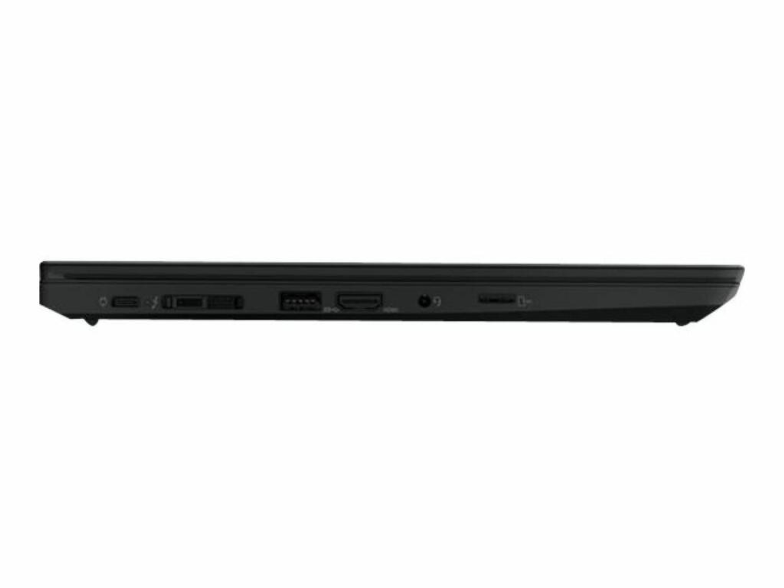 Schwarzes Laptop-Profil, zeigt Anschlüsse, auf weißem Hintergrund.