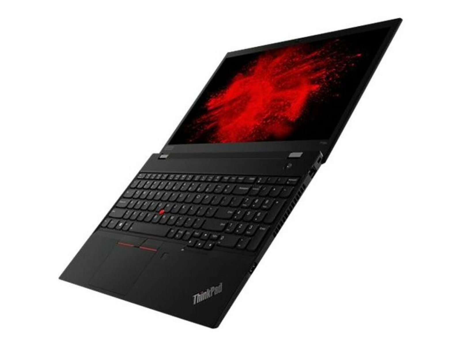 Schwarzer Lenovo ThinkPad Laptop, schräg geöffnet. Rotes Design auf dem Bildschirm. Weißer Grund.