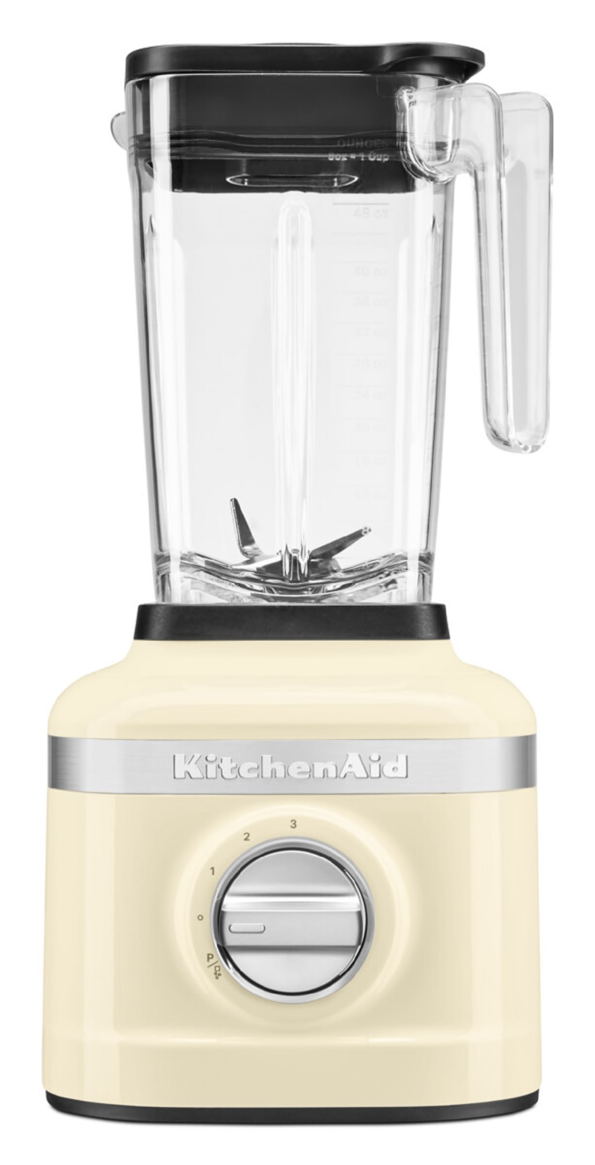 Ivory blender with a clear glass jar, stainless steel accents and a control dial.