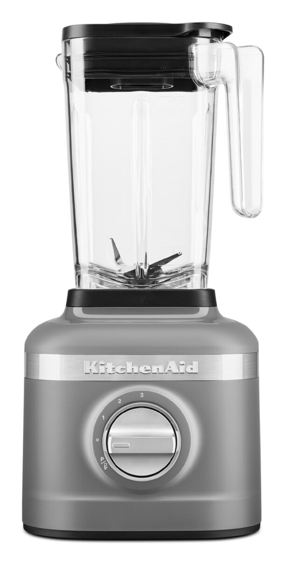 Szary blender KitchenAid z przezroczystym szklanym dzbankiem i pokrętłem sterowania.