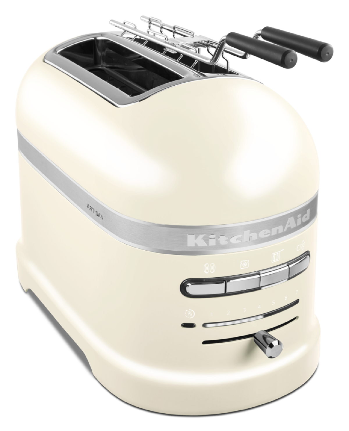 KitchenAid Toaster, elfenbeinfarben. Zwei Schlitze für Brot. Chromakzente. Weißer Hintergrund.