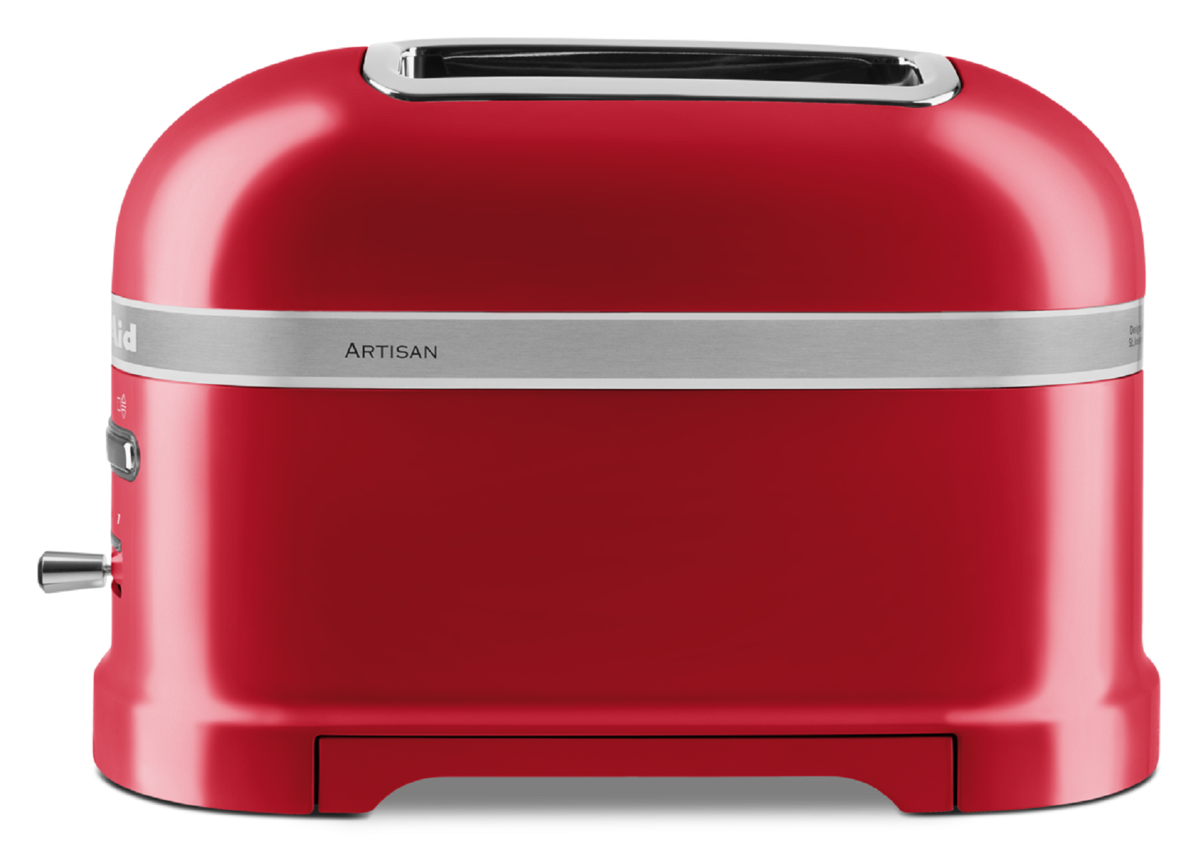 Kırmızı KitchenAid tost makinesi. Gümüş renkli 'ARTISAN' bandı. İki ekmek yuvası. Sol kontrol paneli.