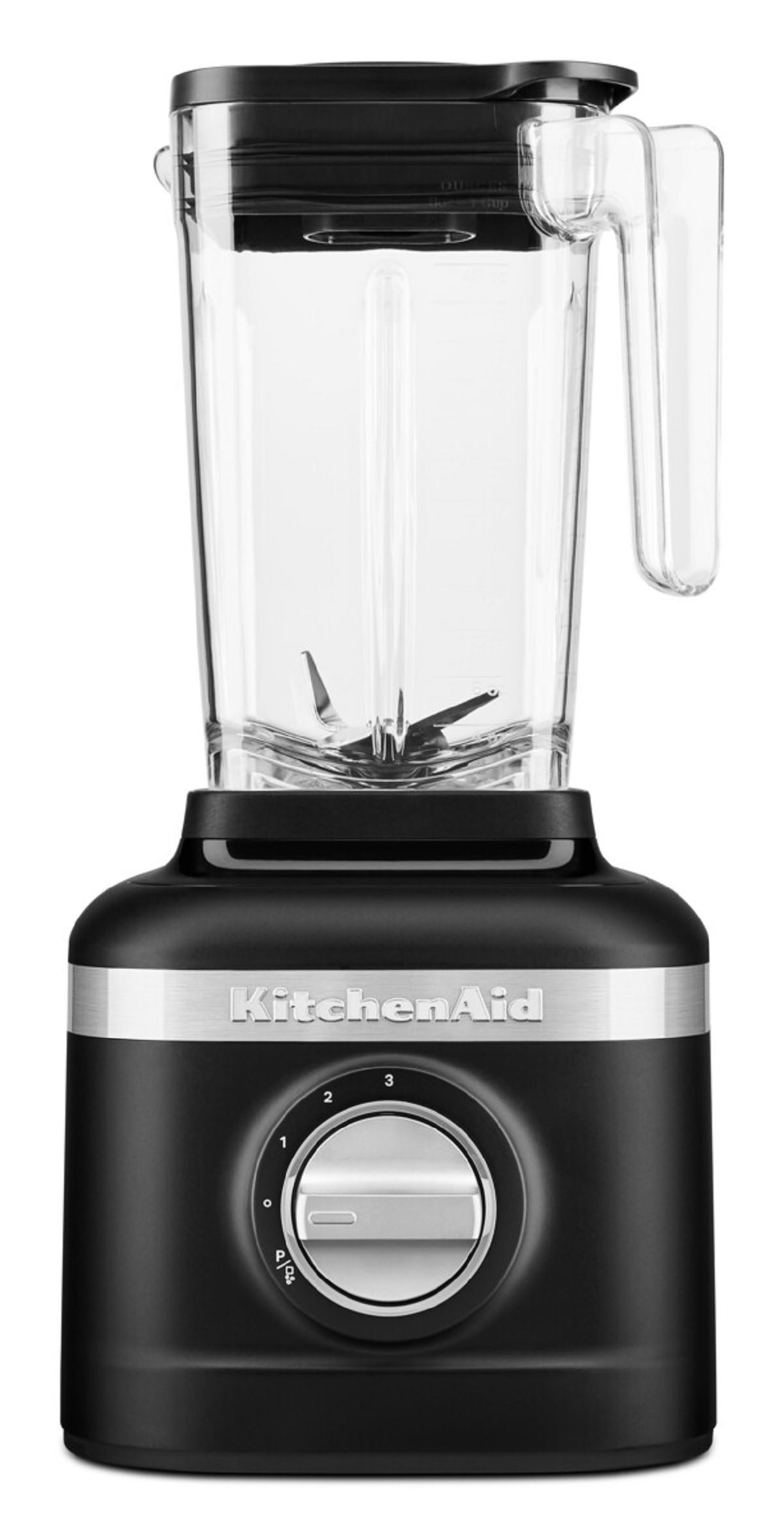 Schwarzer KitchenAid-Mixer. Transparenter Behälter oben. Bedienrad unten.
