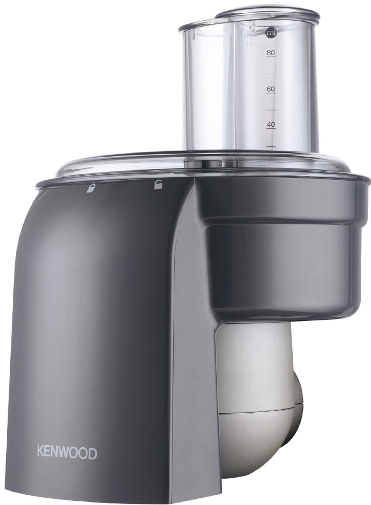 Robot da cucina grigio, marchio Kenwood, con un contenitore trasparente sopra.