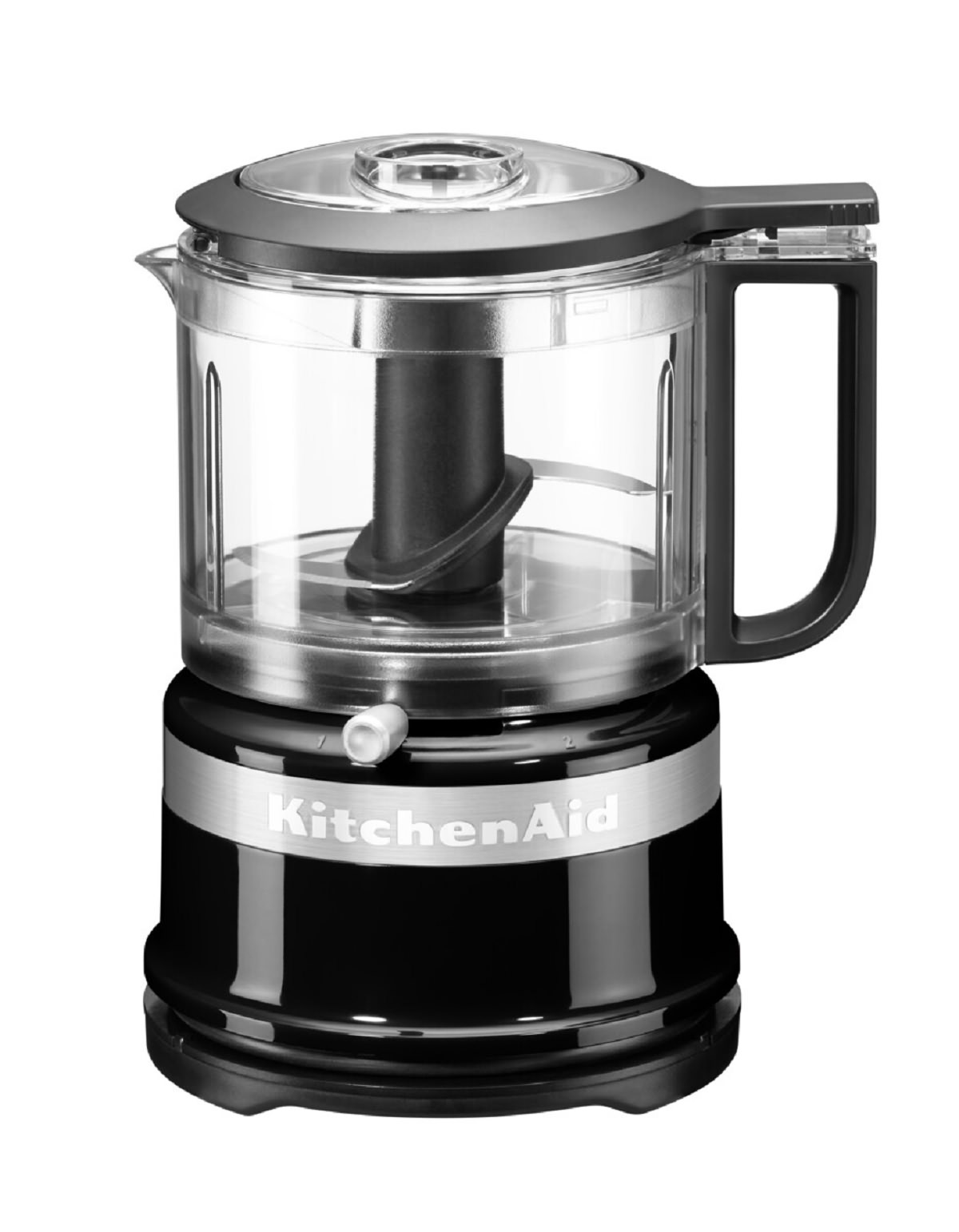 Siyah ve gümüş KitchenAid mutfak robotu. Üstte şeffaf kap, siyah taban.