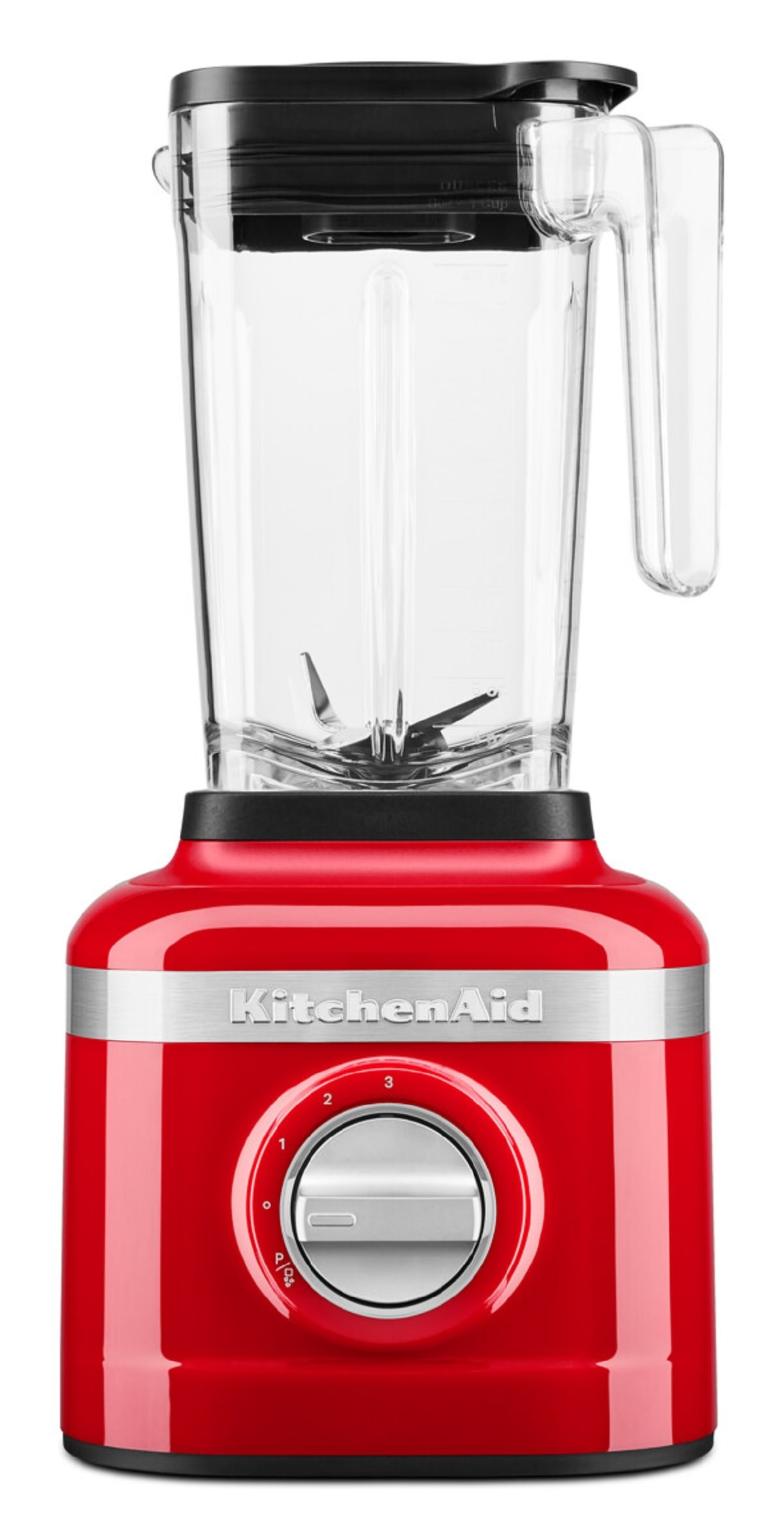 Czerwony blender KitchenAid. Blender jest na białym tle. Pokrętło ustawione na 2.