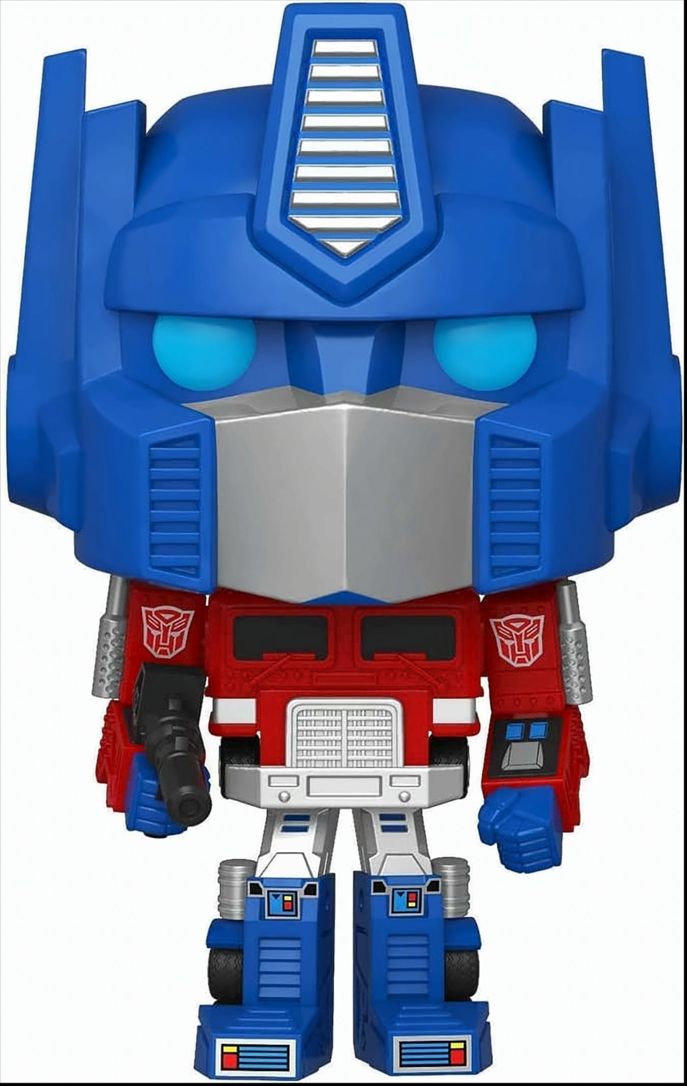 Optimus Prime Spielzeugfigur mit blauem Kopf und rotem und weißem Körper.