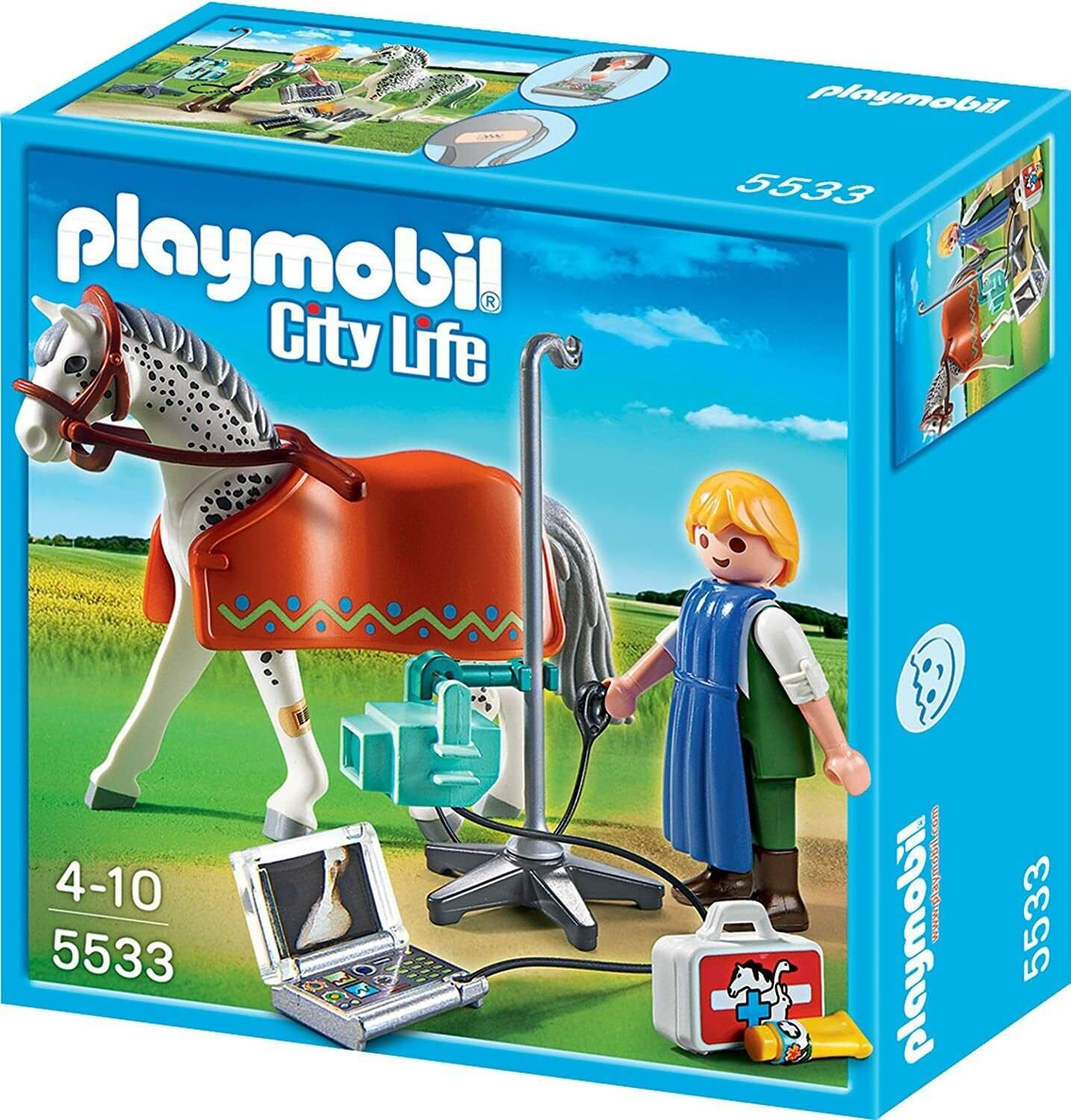 Set Playmobil, cavallo con coperta, veterinario con strumenti e scatola Playmobil con sfondo blu.