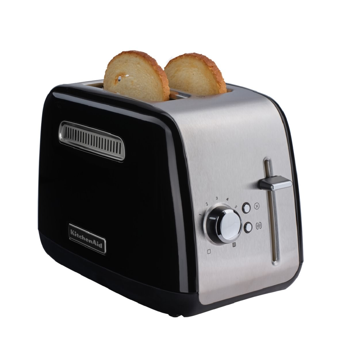 Black and silver KitchenAid toaster with two slices of toast. White background.