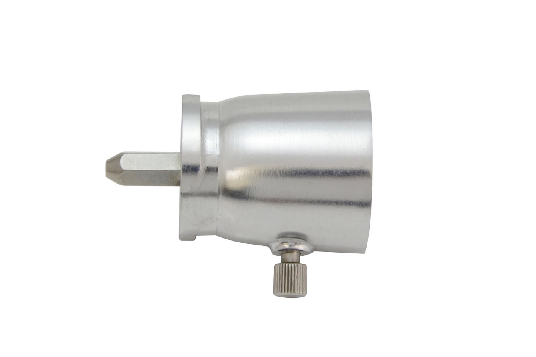 Srebrne metalowe narzędzie z sześciokątną końcówką na białym tle.