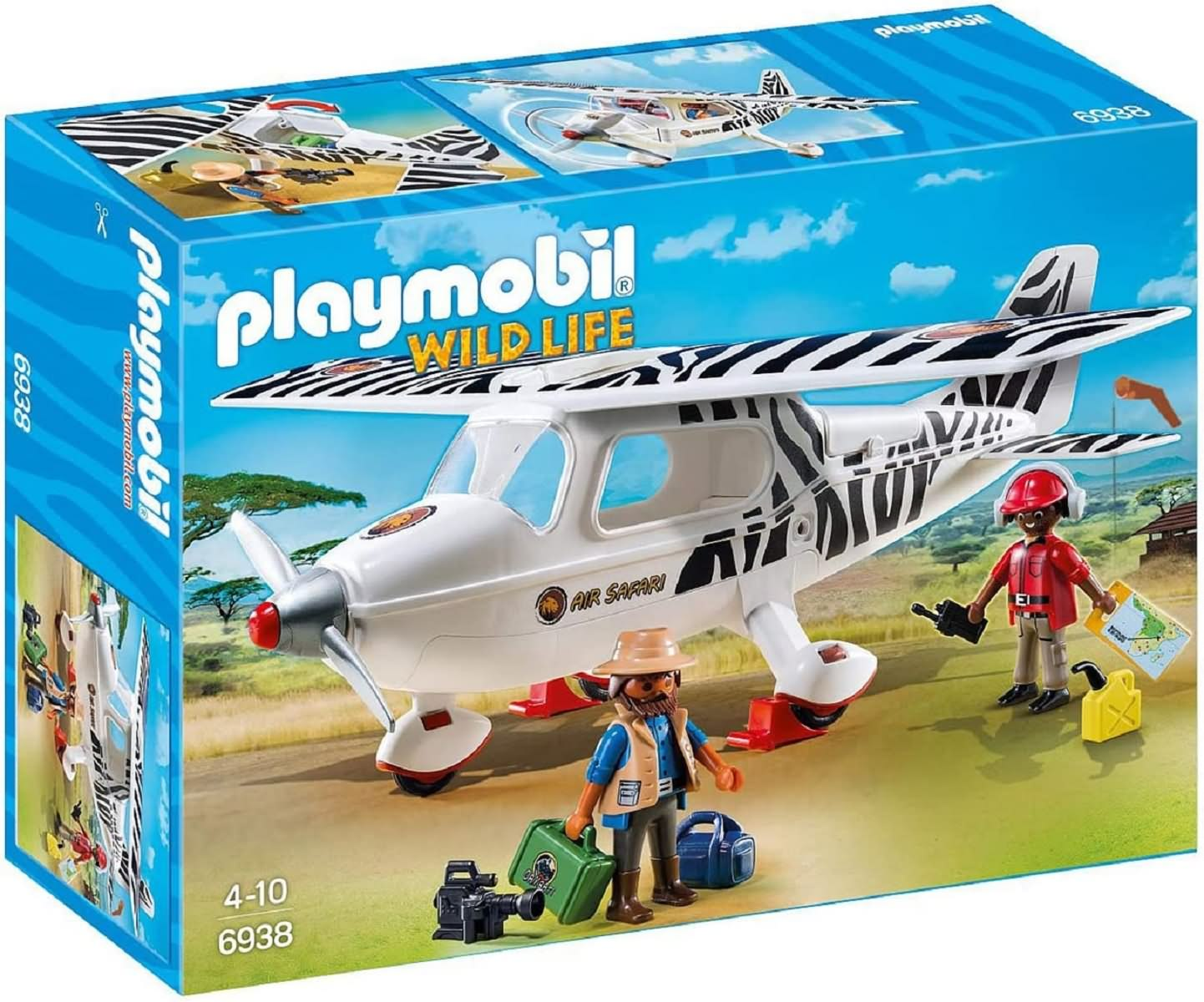 Playmobil Wild Life Box-Set mit einem Air Safari Flugzeug, zwei Figuren und dem Playmobil-Logo.