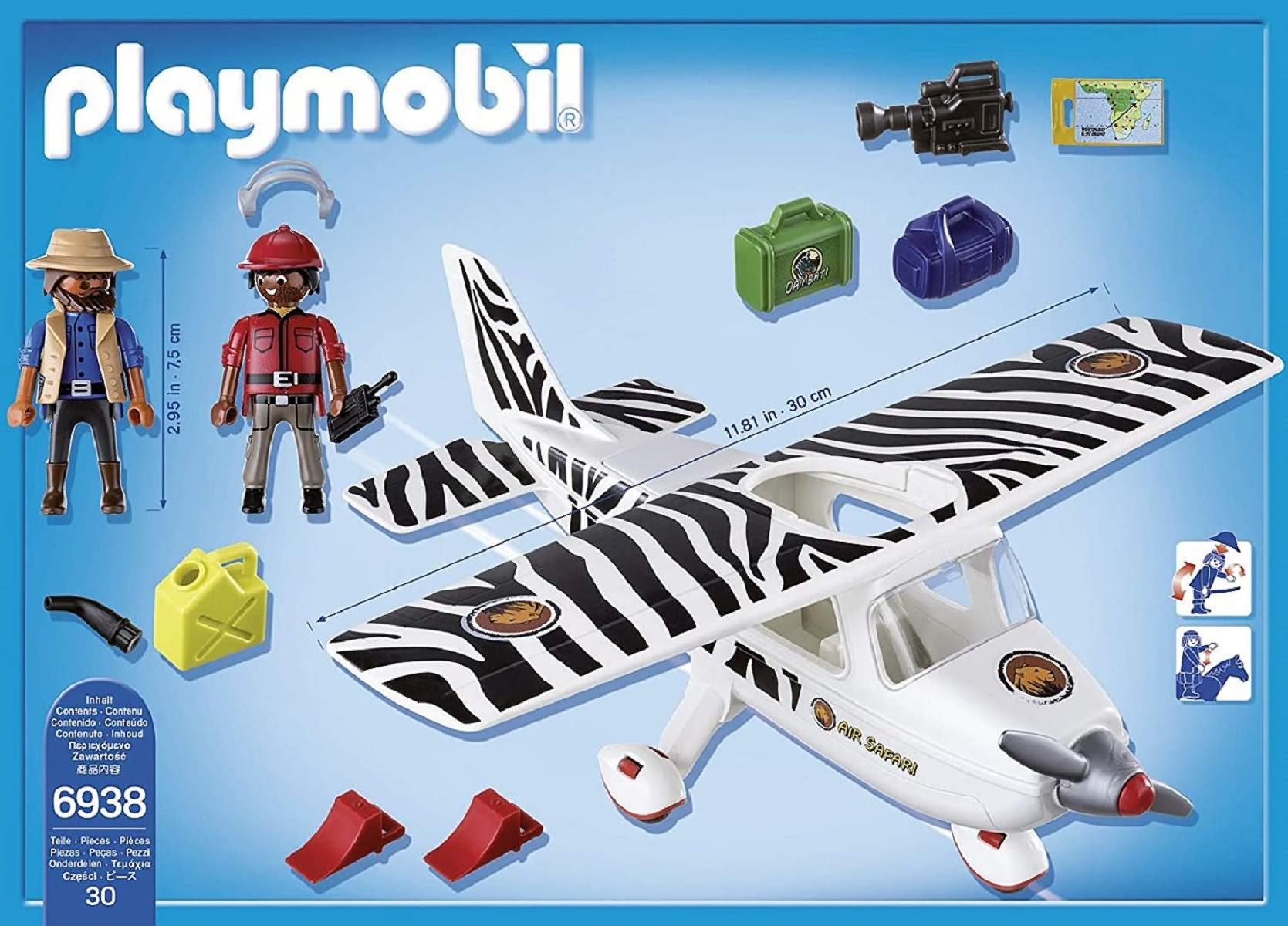 Playmobil-Set, Figuren und Zubehör. Flugzeug mit Zebrastreifen. Weißer Hintergrund.
