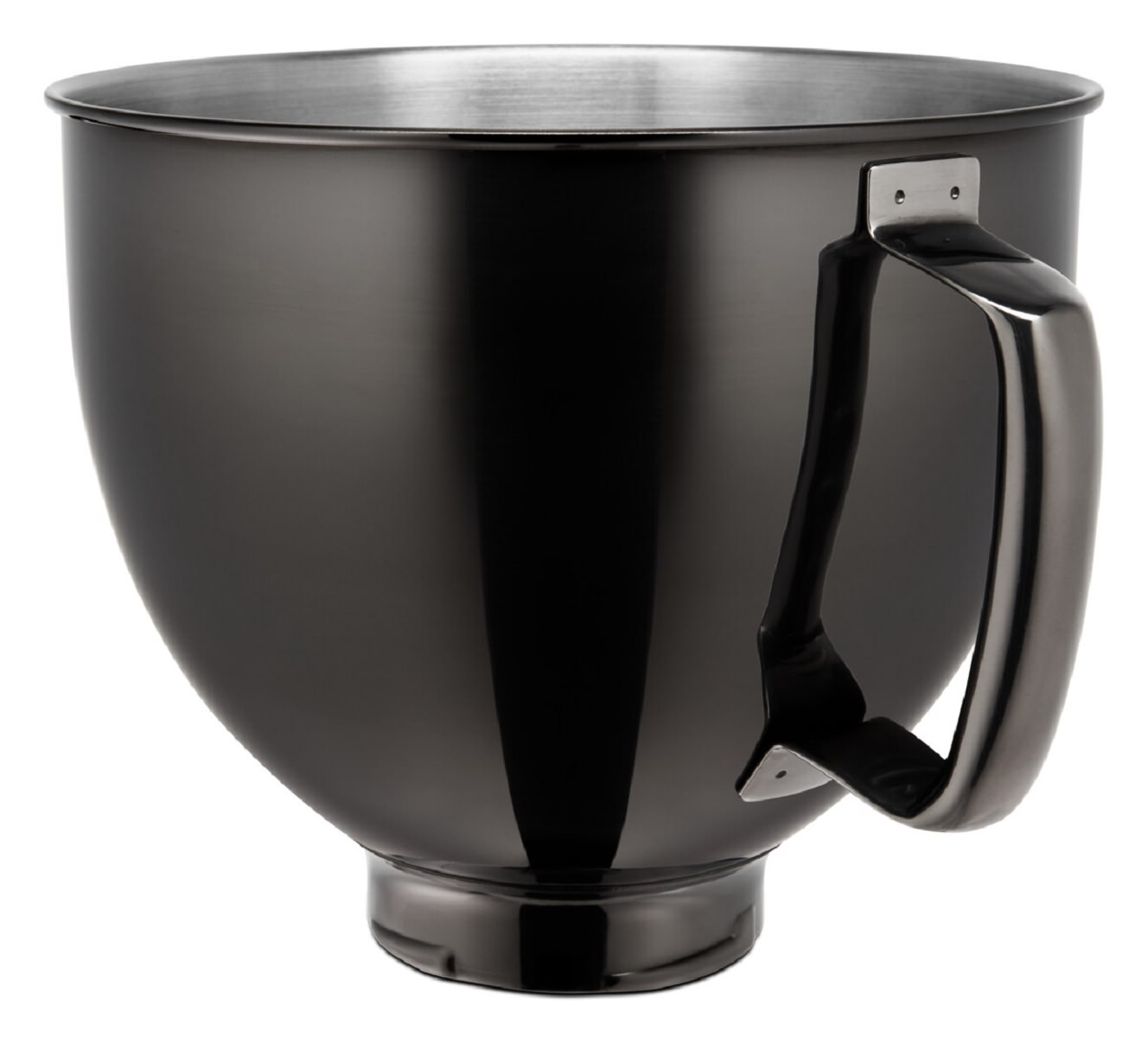 Eine schwarze Rührschüssel mit einem Griff. Es ist auf weißem Hintergrund isoliert.