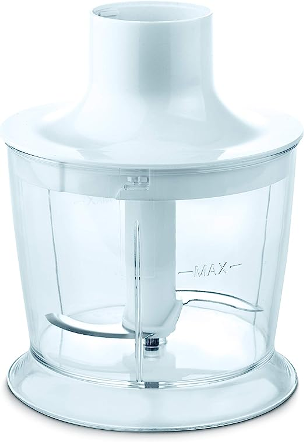 Weißer Stabmixer mit einem transparenten Behälter. Der Behälter hat eine Füllstandsanzeige und ein Messer.