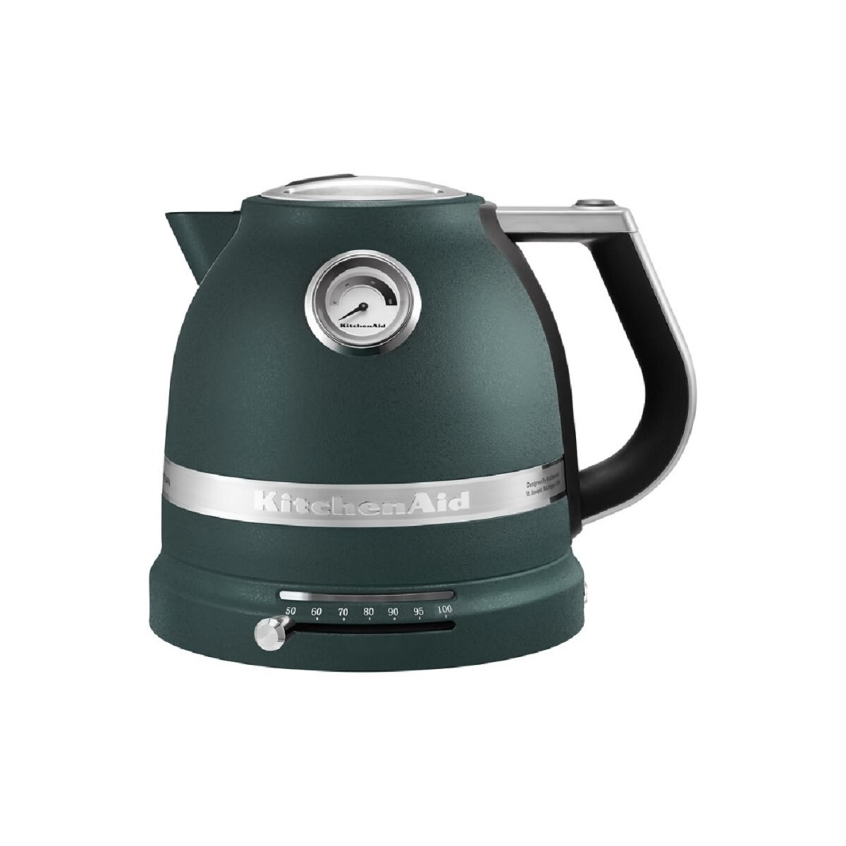 Grüner KitchenAid Wasserkocher mit Temperaturanzeige und schwarzem Griff.