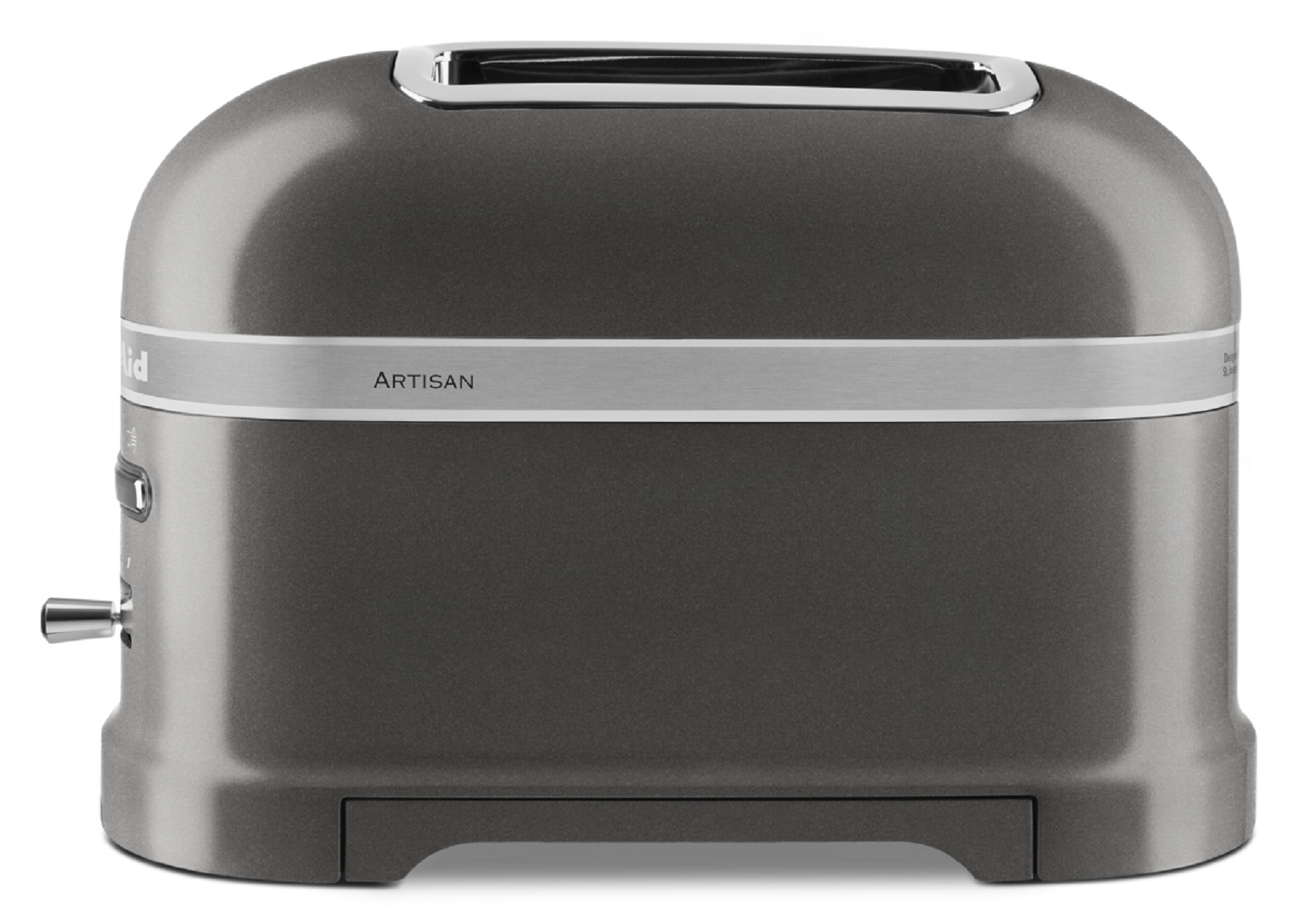 Gümüş bir şeritle gri bir KitchenAid Artisan tost makinesi, beyaz bir arka plan üzerinde. Kontroller görülebilir.