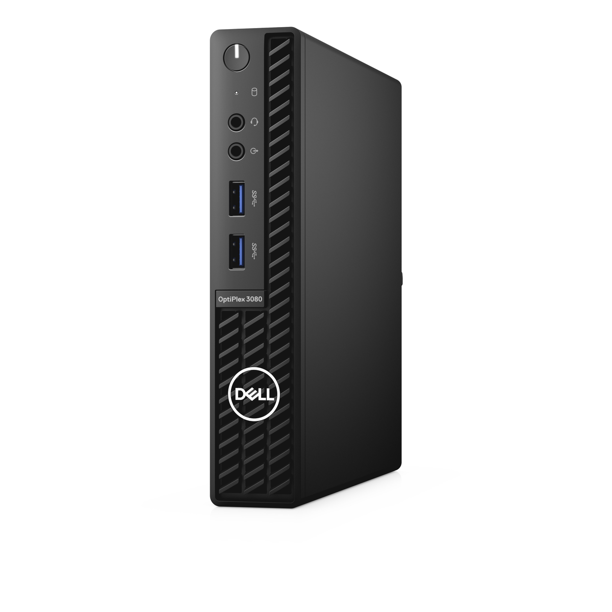 Zwarte Dell OptiPlex desktopcomputer, zijaanzicht, met poorten en het Dell logo.