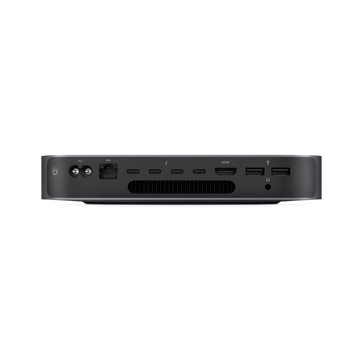 Un computer Mac Mini nero, visto da dietro. Ha porte per varie connessioni.