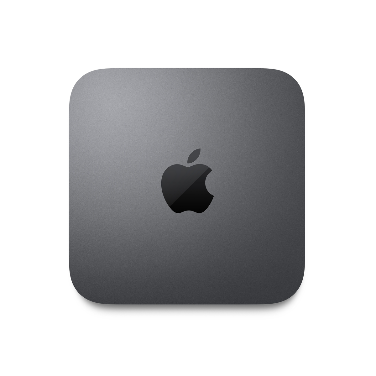 Un Apple Mac Mini grigio su sfondo bianco. Il logo Apple è visibile in alto.