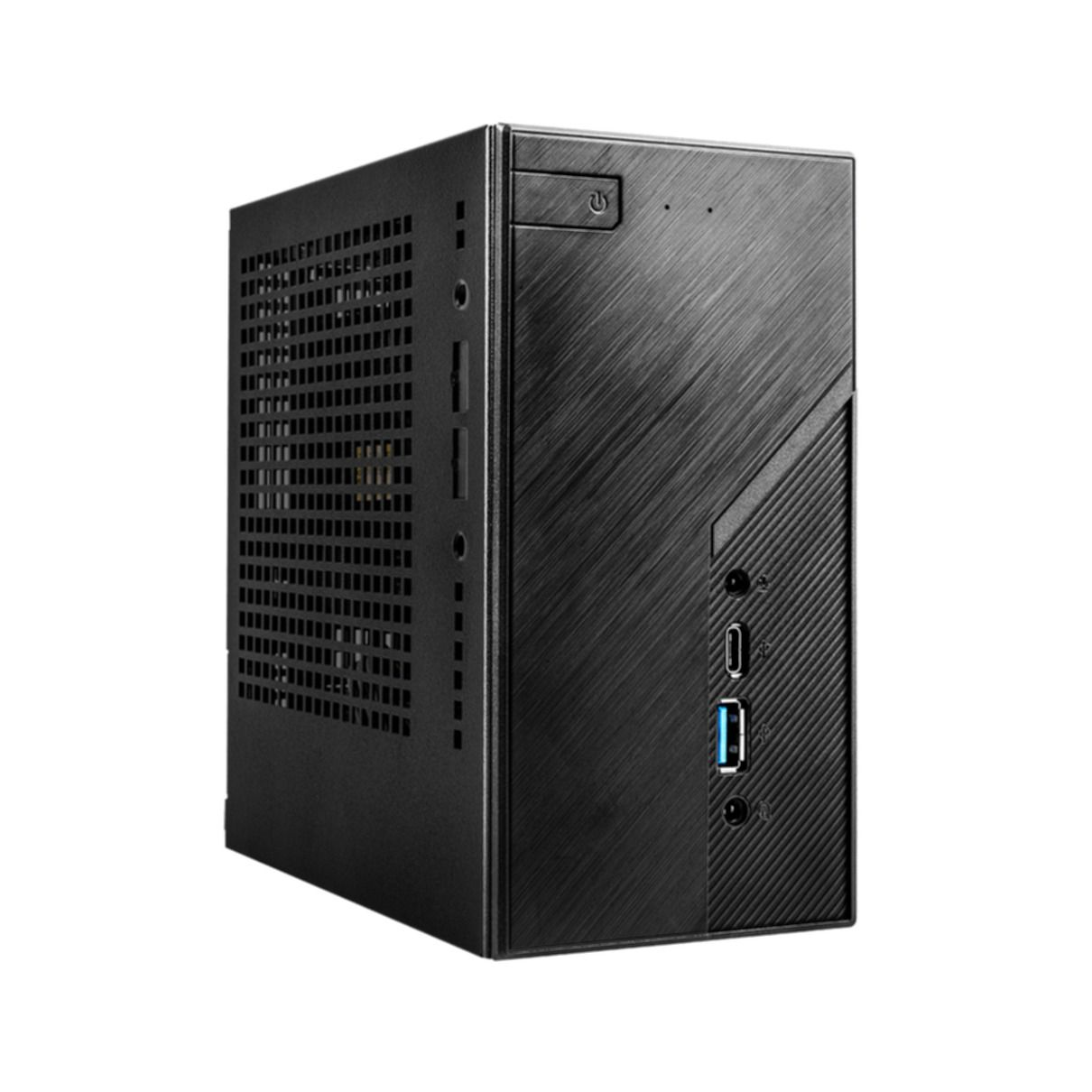 Schwarzes Computergehäuse mit Anschlüssen und einem Einschaltknopf.