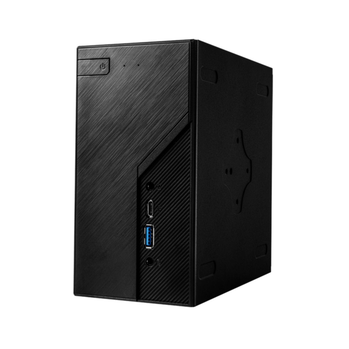 Schwarzer Computer-Tower, Vorderansicht, mit Ein-/Aus-Taste.