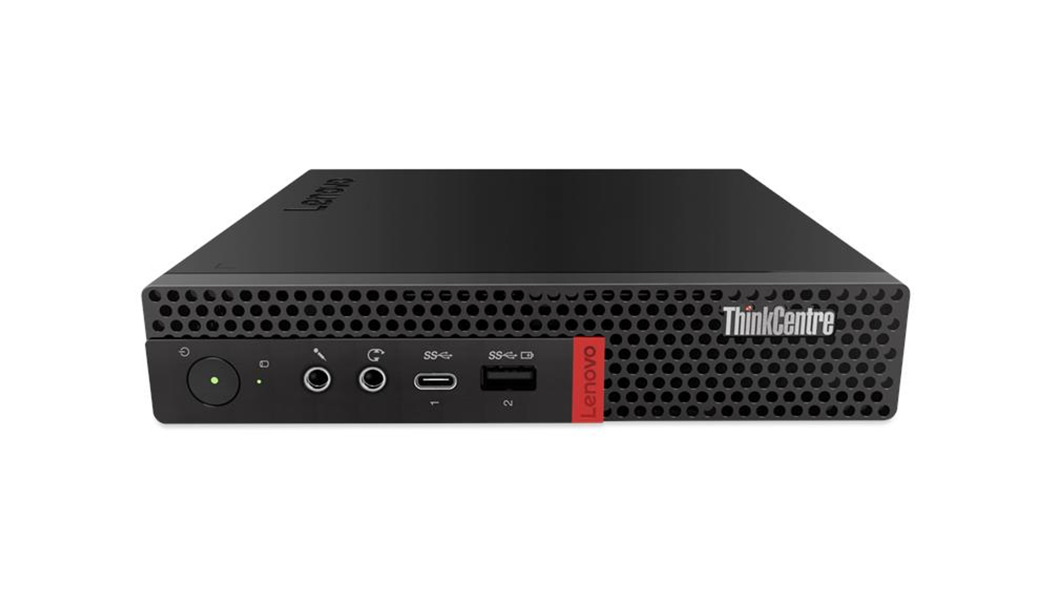 Ein schwarzer Lenovo ThinkCentre Mini-PC auf weißem Hintergrund, mit Anschlüssen und Logo.