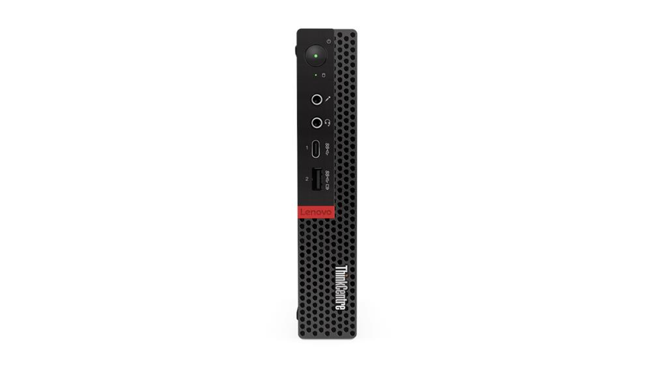 Schwarzer Lenovo ThinkCentre Mini-PC. Mit Anschlüssen und einem Ein-/Ausschalter.
