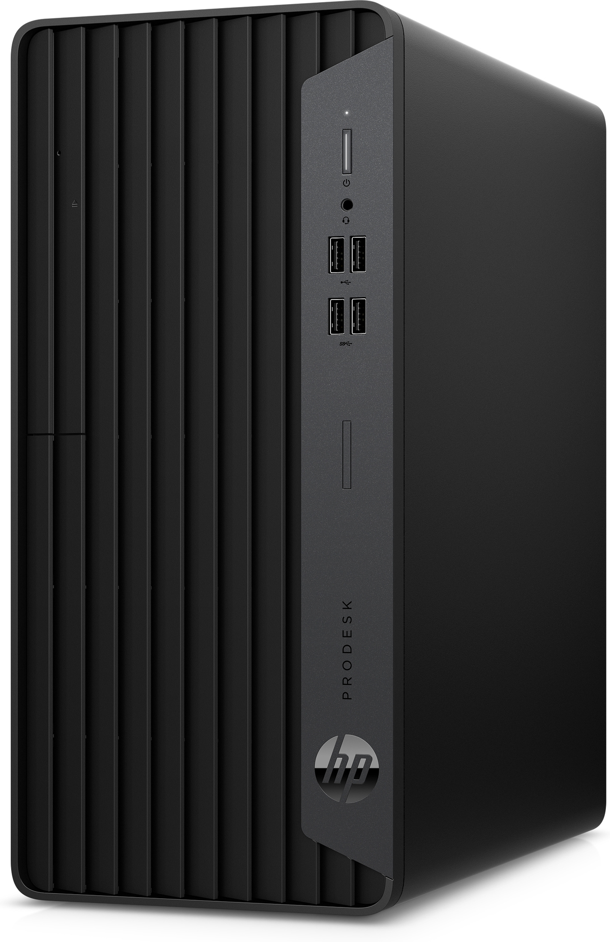 Schwarzer HP ProDesk Desktop-Computer. Die Vorderseite hat ein vertikales Lüftungsdesign und das HP-Logo.