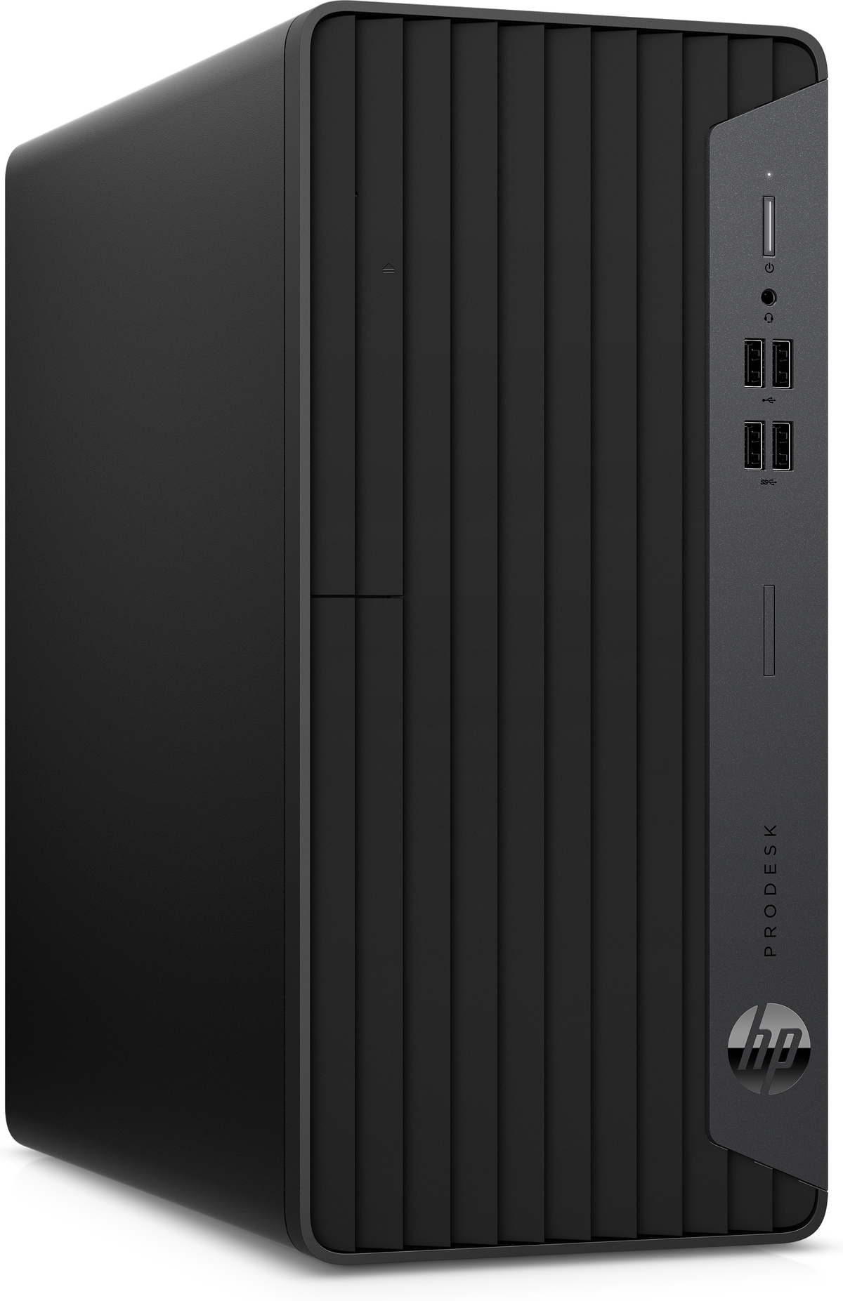 Ein schwarzer HP ProDesk Computer. Es hat ein vertikales Design mit einer strukturierten Frontplatte und mehreren Anschlüssen.