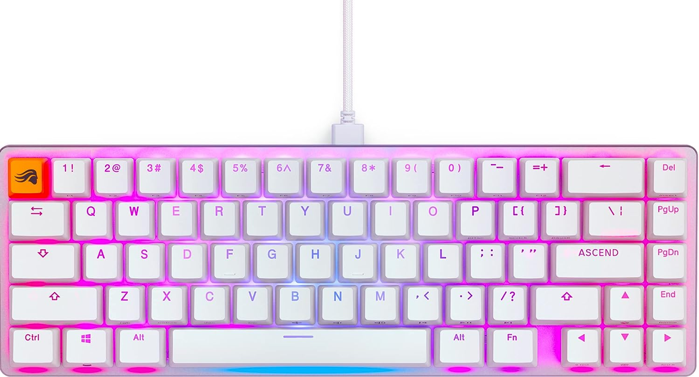 Weiße Tastatur mit weißen Tasten und rosa Akzenten. Sie befindet sich auf weißem Grund.