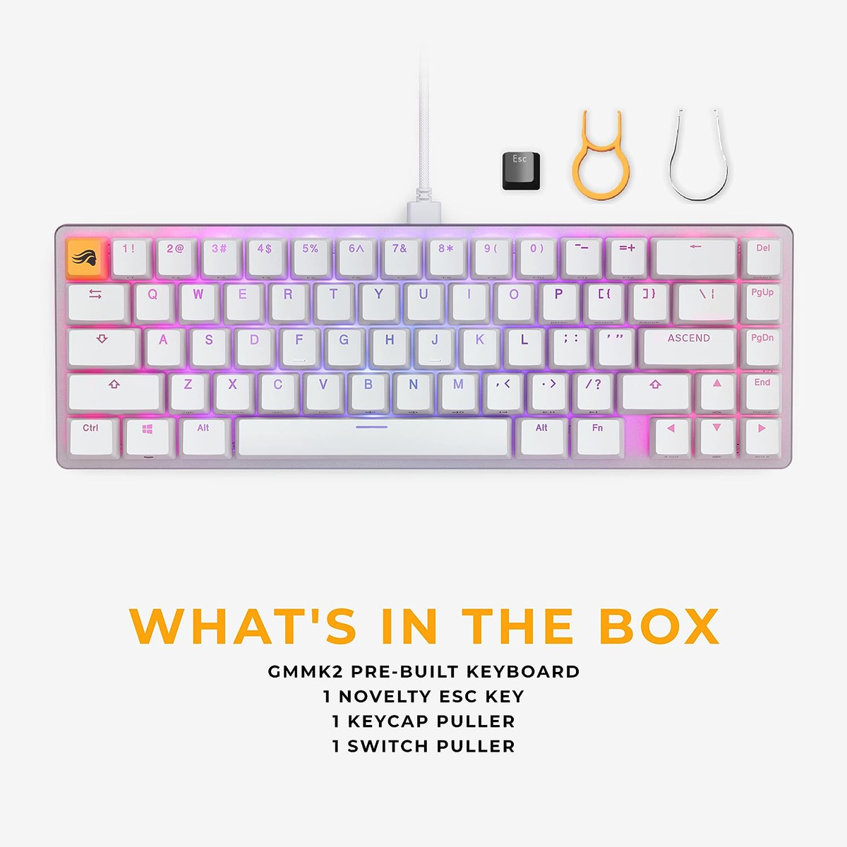 Tastatur mit Tastenkappen und einem Tastenzieher. Weiße und rosa Tasten. Schwarzes Kabel.