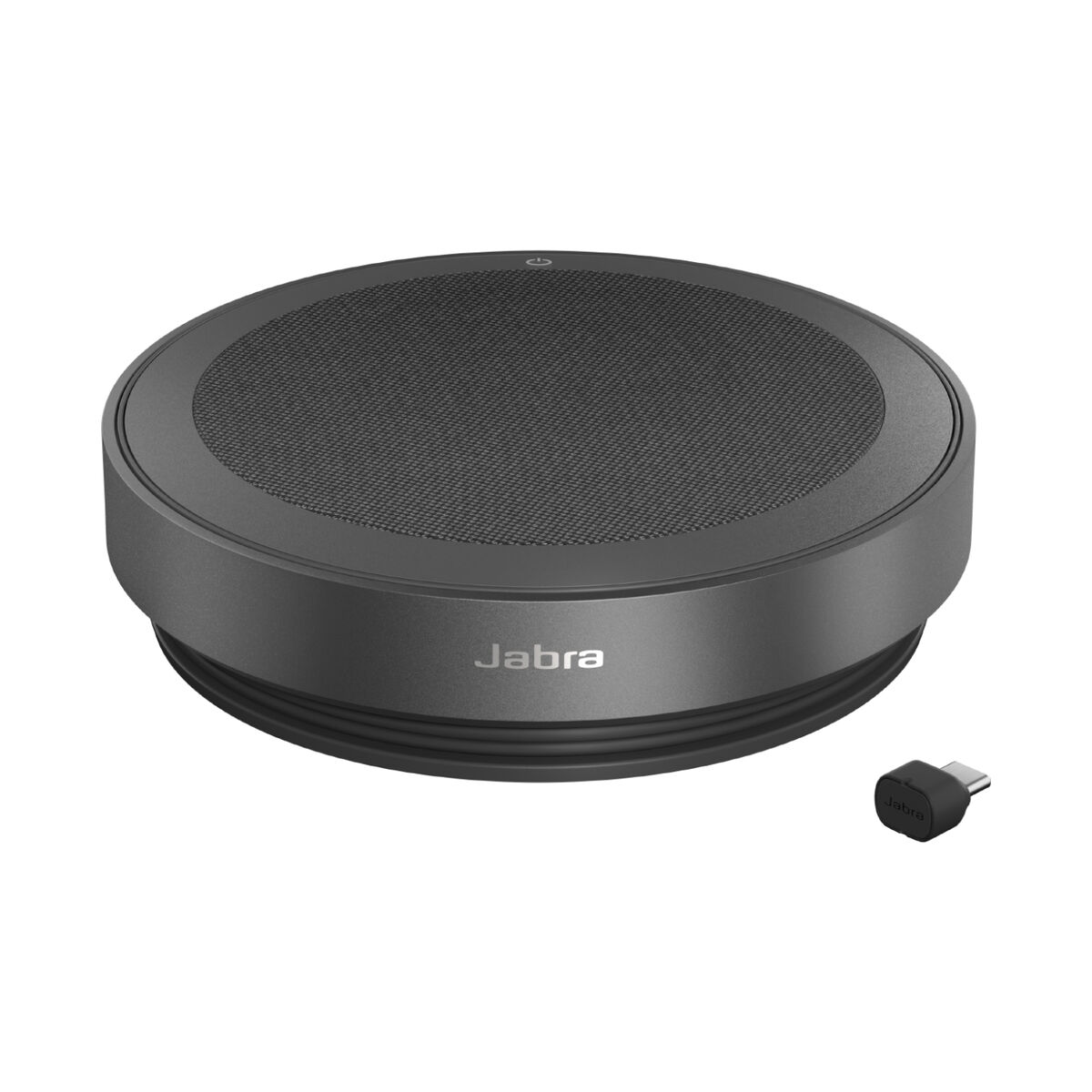 Un altoparlante Jabra grigio scuro con dongle USB-C su sfondo bianco.